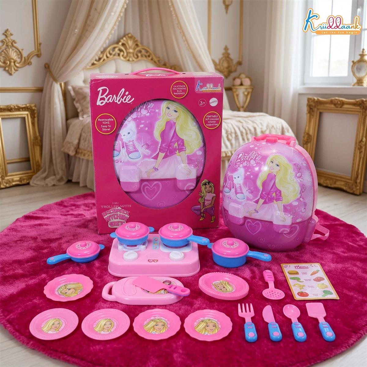 Barbie Backpack Kitchen Set - 21 Piece Pink Portable Cooking Toy Set for Kids 3+ Years - Travel-Friendly Pretend Play Kitchen with Music and Accessories - Non-Electric Role Play Gift for Girls