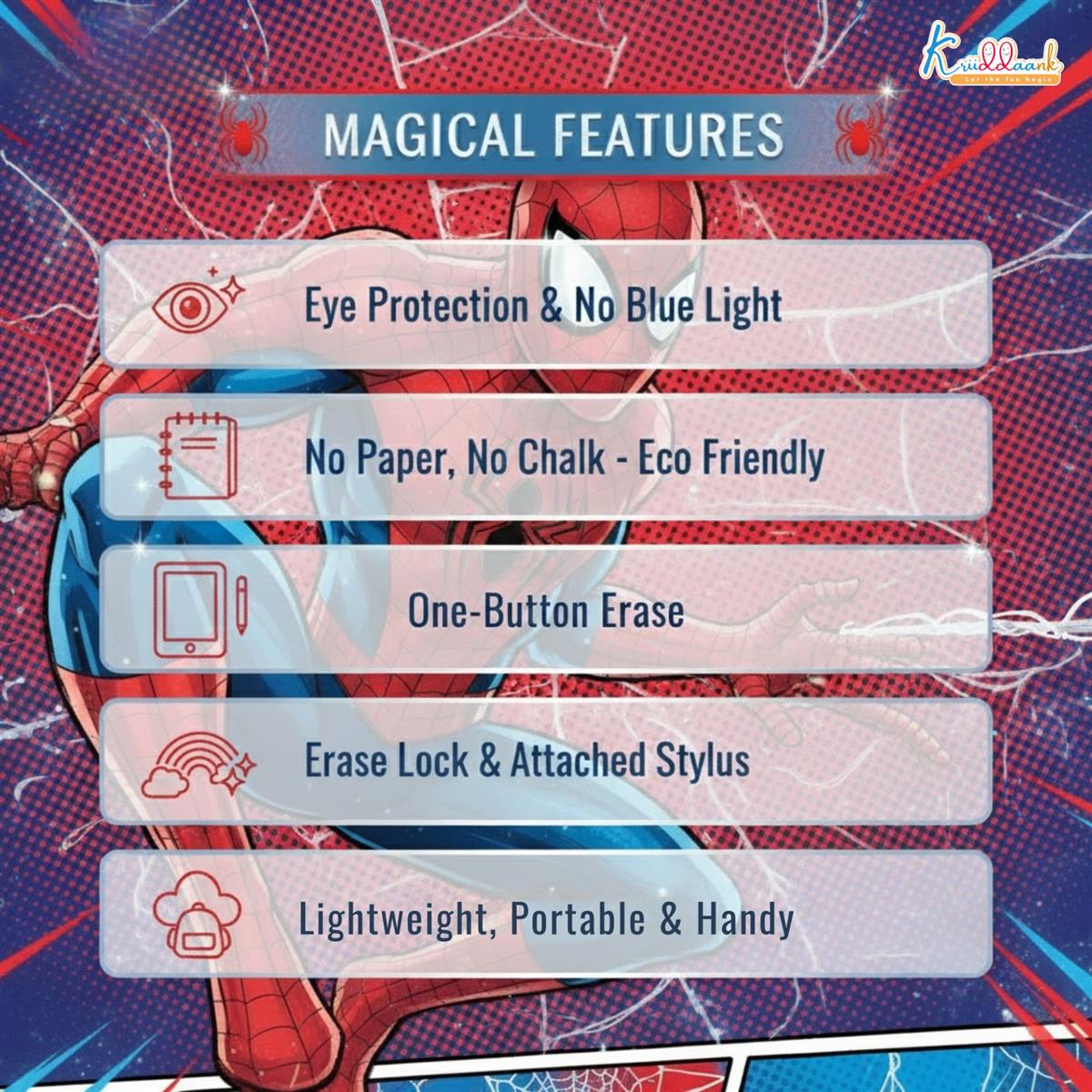 Kriiddaank 10.5 Inch Spiderman LCD Writing Tablet, Electronic Drawing Pad & Travel Slate for Kids, Rewritable Doodle Board, Birthday Gift for Boys Aged 3-9 Years, Blue Spiderman Theme