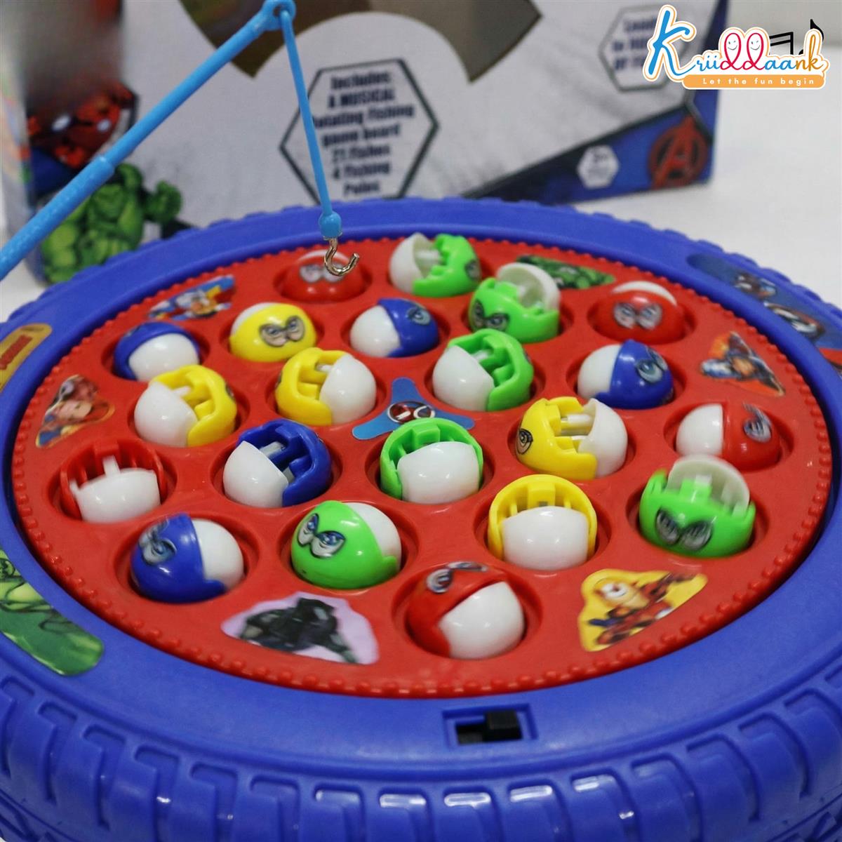 Kriiddaank Marvel Avengers Musical Fishing Game for Kids, Battery Operated Rotating Board with 21 Fishes & 4 Poles, Interactive Educational Toy for Boys & Girls Ages 3+, Red