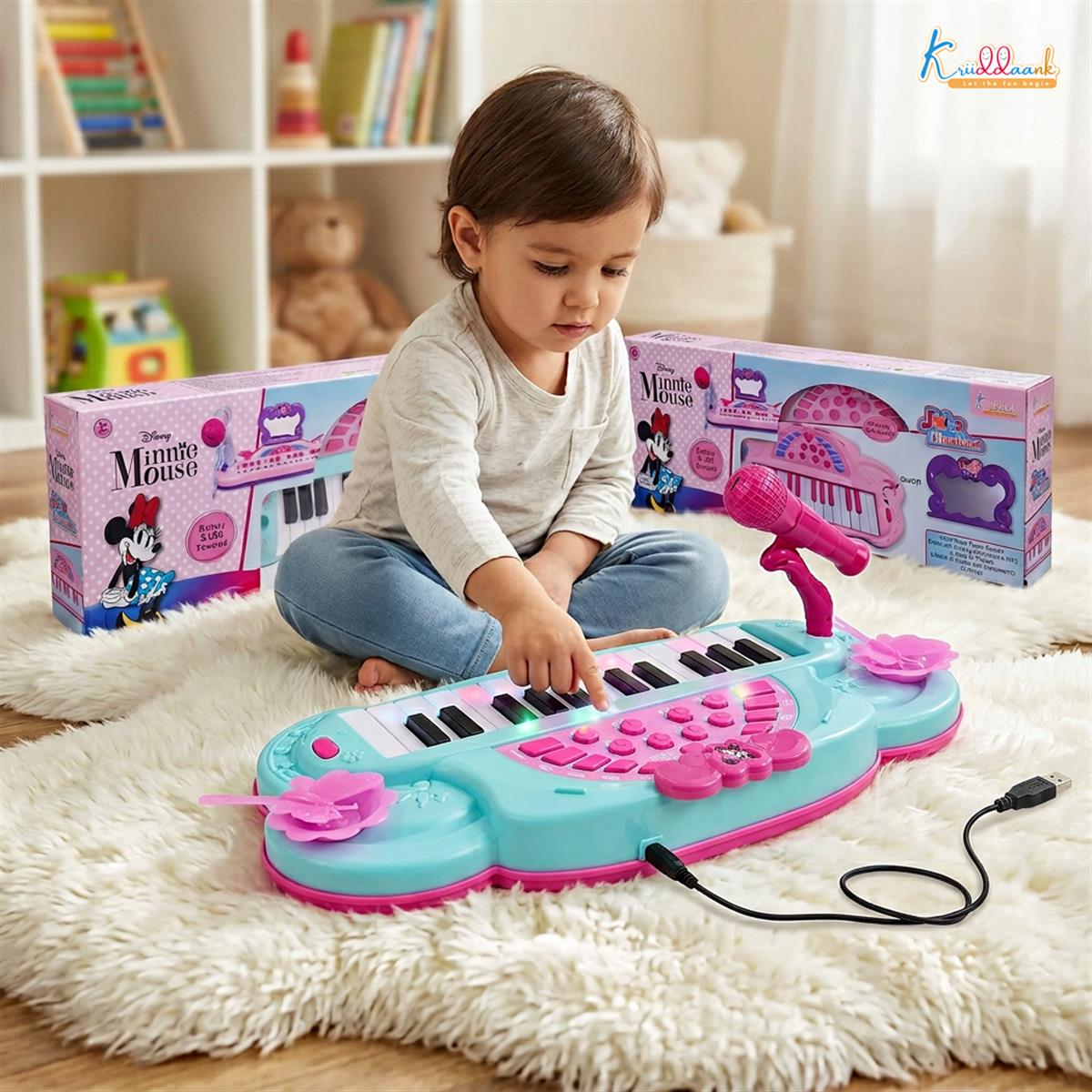 Minnie Theme Musician Music Set - 25 Key Piano with Microphone & Karaoke Function, 5 Percussion Instruments, Sound Effects & MP3 Connection, Educational Musical Toy for Girls 3+ Years, Pink