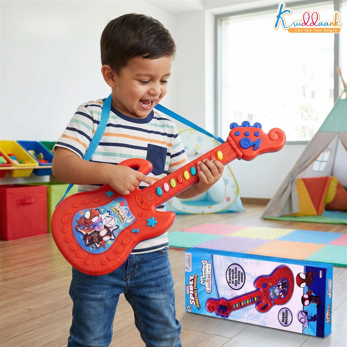 Spiderman Musical Guitar for Toddlers - Junior Rockstar Sing-Along Karaoke Toy with Built-in Music & Lights, Educational Electronic Play Instrument for Kids 3+ Years Old, Blue