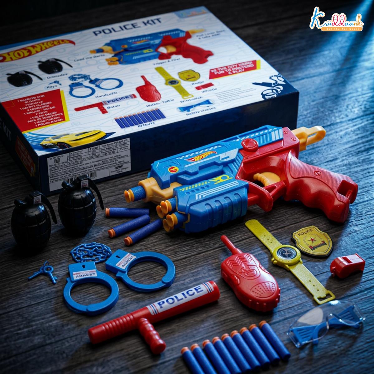 Kriiddaank Police City Hero Blaster Play Set for Kids 4+ - Complete Police Kit with Toy Gun, 10 Soft Darts, Handcuffs, Badge, Walkie-Talkie, Police Baton & Accessories - Blue Role Play Toy Set