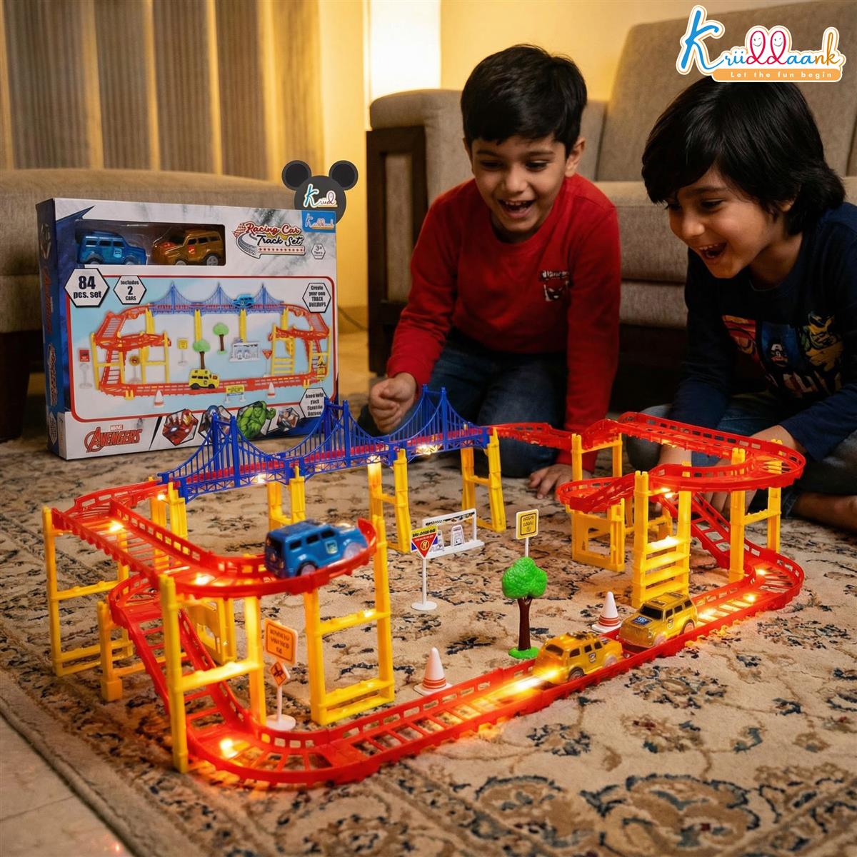 Avenger Theme Portable Car Track Playset - 86 Pcs Marvel Racing Track with Diecast Metal Cars, DIY Customizable Race Track for Kids 3+ Years, Realistic Miniature Collectible Toy (Multicolor)