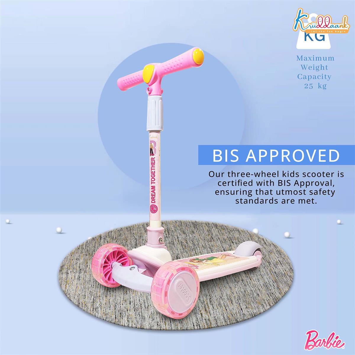 Kriiddaank Barbie Adventure Rider Kick Scooter for Kids - 3-Wheel with LED Light Up Wheels, 3-Level Adjustable Height & Easy Fold Design, Pink Skate Scooter for Girls Ages 3-12 Years (Up to 25Kg)