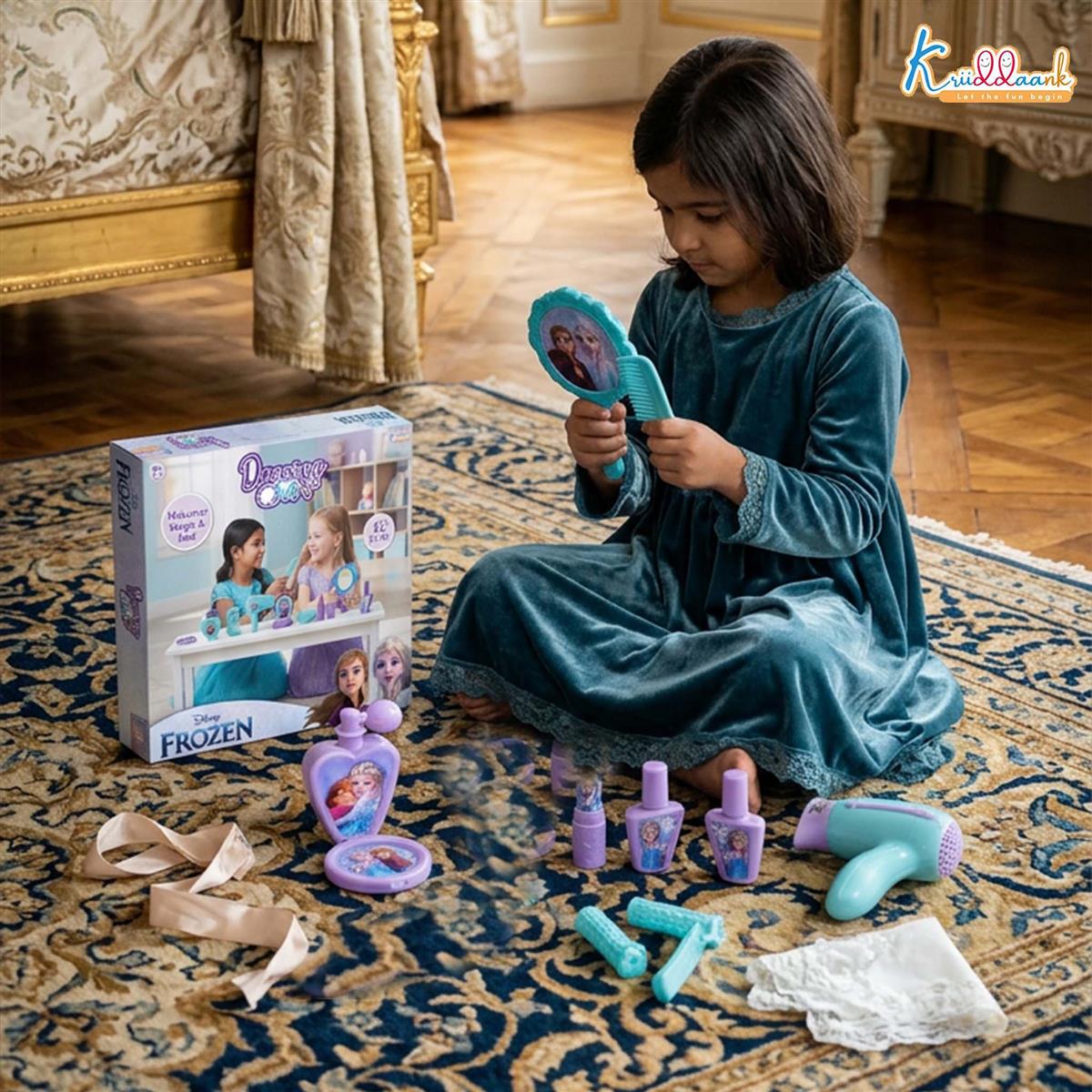 Kriiddaank Frozen Dressing Set for Kids - Non-Electronic Princess Makeup & Beauty Accessories Play Set, Styling Kit for Girls, Pretend Role Play Toy for Age 3+ Years, 11+ Pieces, Turkish Blue