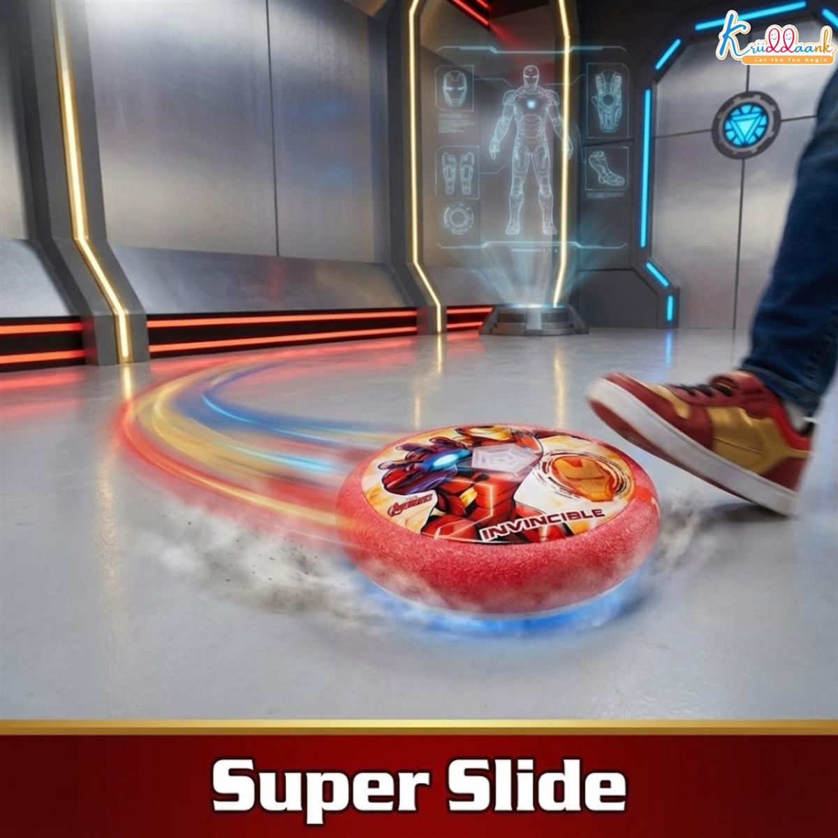 Iron Man Theme Hover Football for Kids - LED Light Up Indoor Soccer Ball with Foam Bumper, Disney Marvel Sports Toy for Boys & Girls, Safe Glide Air Power Soccer Disk, Ages 3+