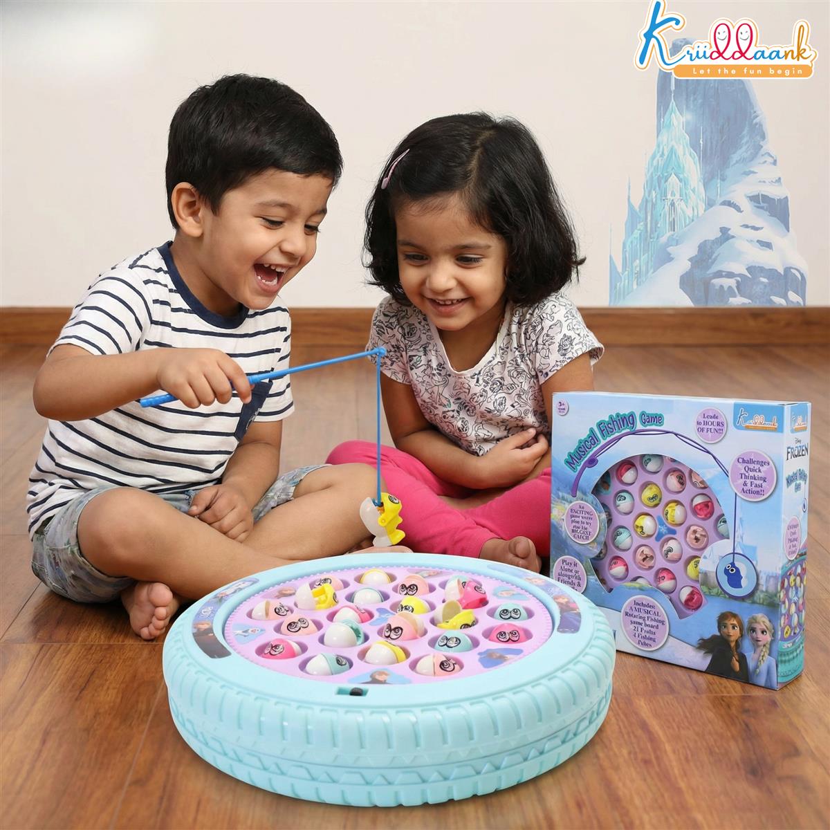Frozen Musical Fishing Game for Kids - Battery Operated Rotating Toy with 21 Fish & 4 Fishing Poles | Educational & Interactive Learning Toy for Boys & Girls Ages 3+ | Turkish Blue