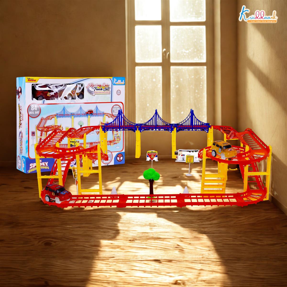 Spiderman Marvel Collectible Race Track Set for Kids - 86 Pieces DIY Racing Track with 2 Diecast Metal Toy Cars, Battery Operated Action Playset, Superhero Gifts for Boys Age 3+
