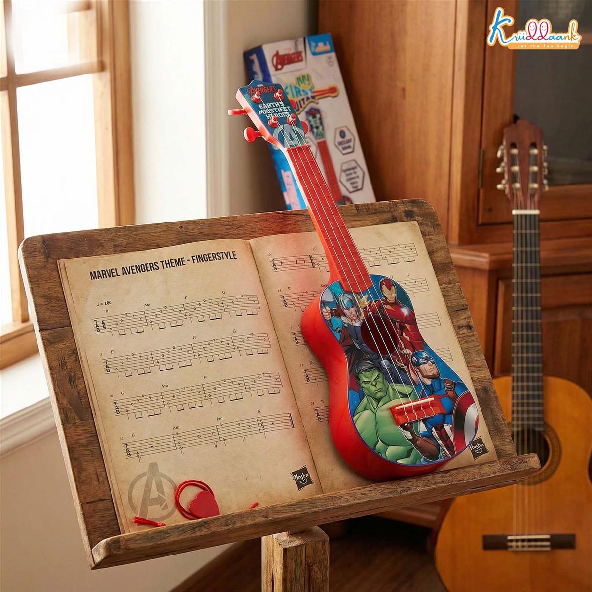 Marvel Avengers Theme 4-String Guitar Toy for Kids (Big) - Educational Musical Instrument for Toddlers & Children, Safe & Lightweight Fingerstyle Play, Ideal Gift for Boys & Girls 3+ Years, Red