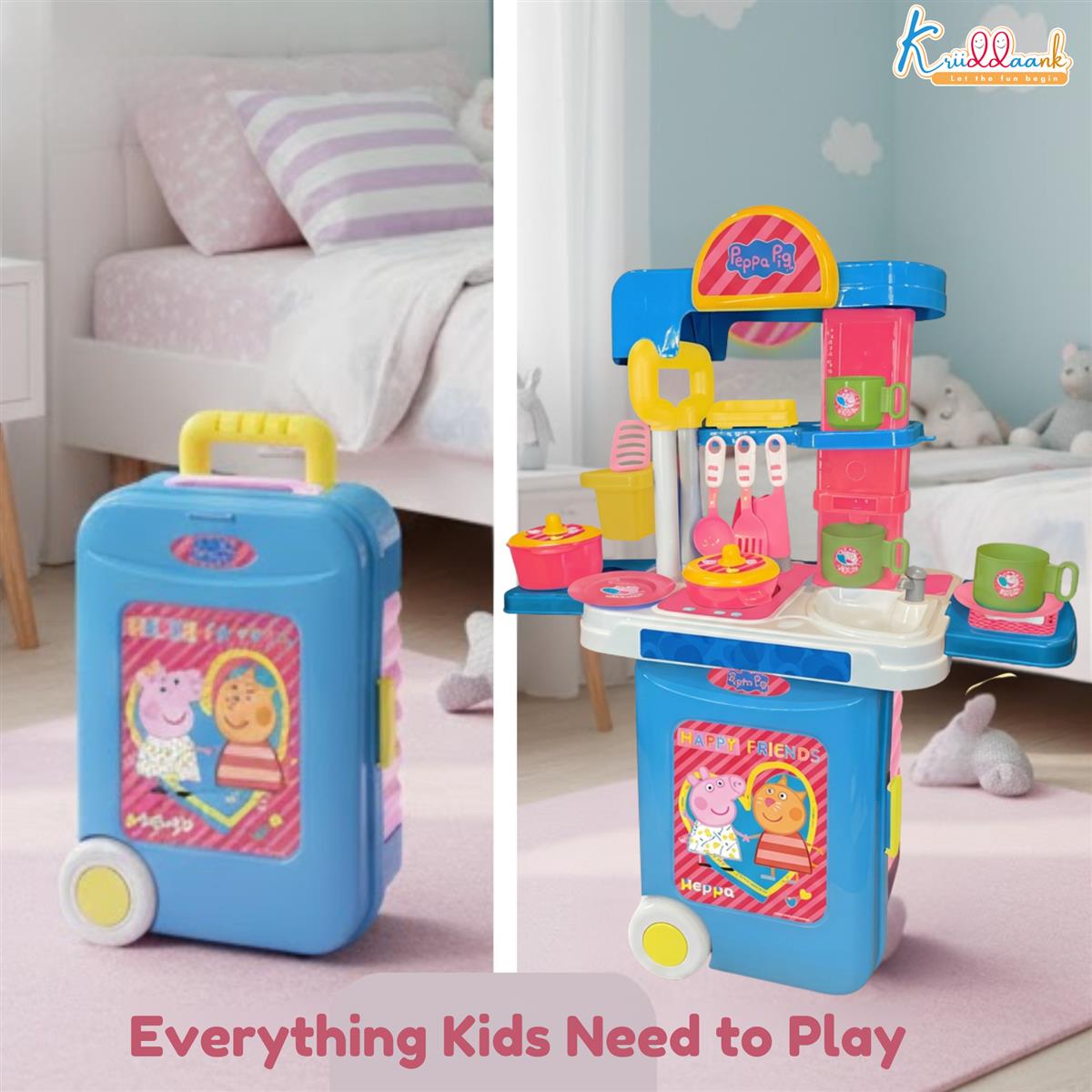 Kriiddaank Peppa Pig Kitchen Set for Girls - 2-in-1 Portable Trolley & Chef Playset with 20+ Accessories, Music & Lights - Educational Pretend Play Cooking Toy for Kids 3+ Years (Pink)