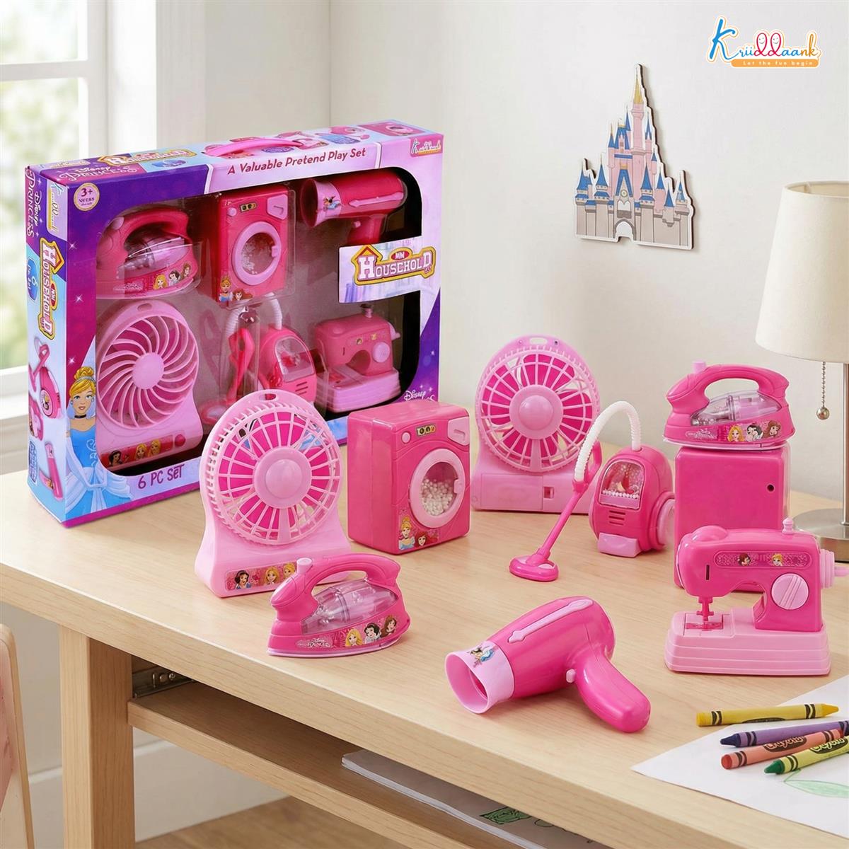 Disney Princess 6-Piece Household Role Play Toy Set - Interactive Washing Machine, Vacuum, Sewing Machine & Accessories with Lights - Educational Pretend Play Kit for Kids Ages 3+