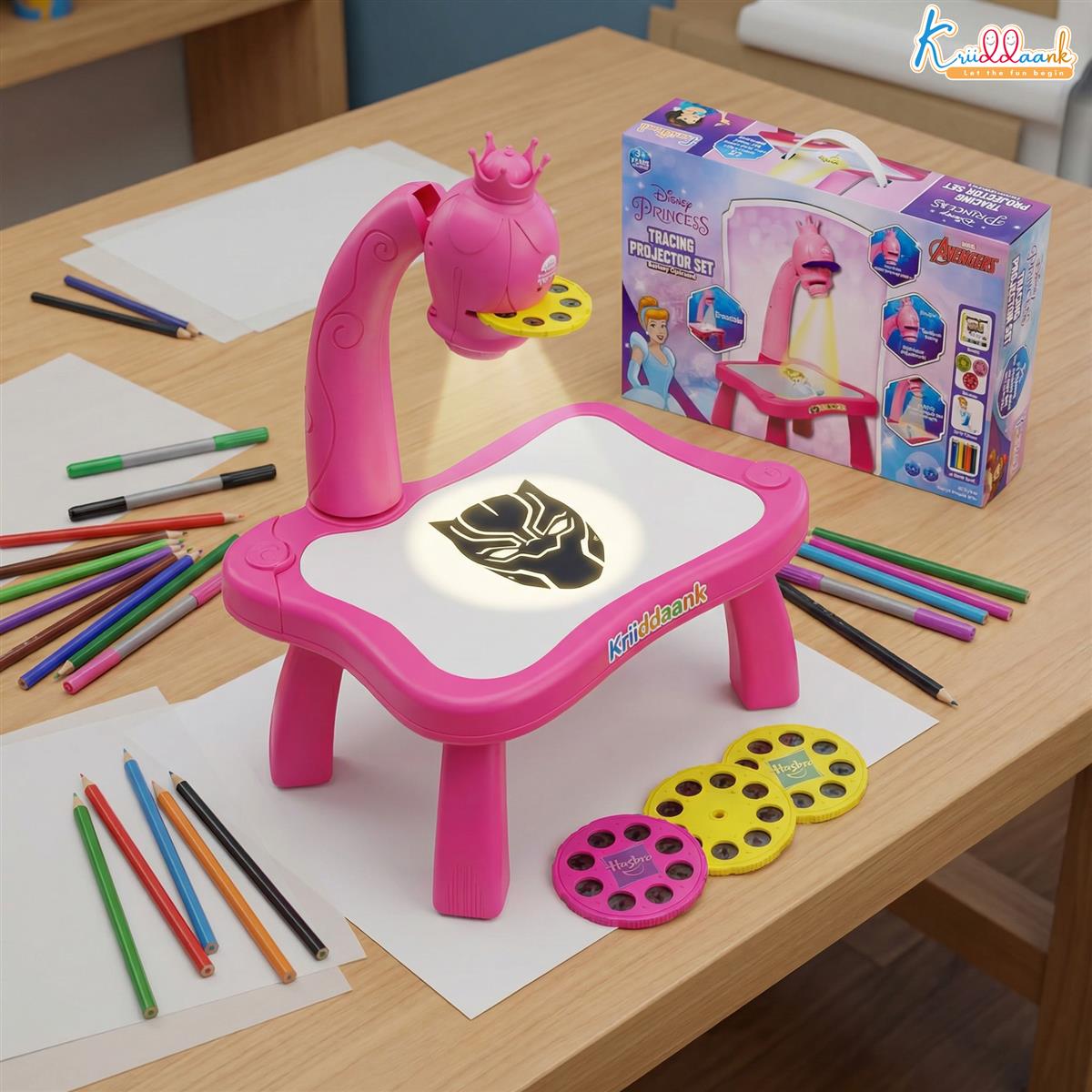 Kriiddaank Disney Princess Tracing Projector for Kids - Drawing Set with 24 Patterns, Stencils & Markers - Creative Art Toy for Girls 3+ Years, Adjustable Focus, Pink Battery Operated Drawing Desk
