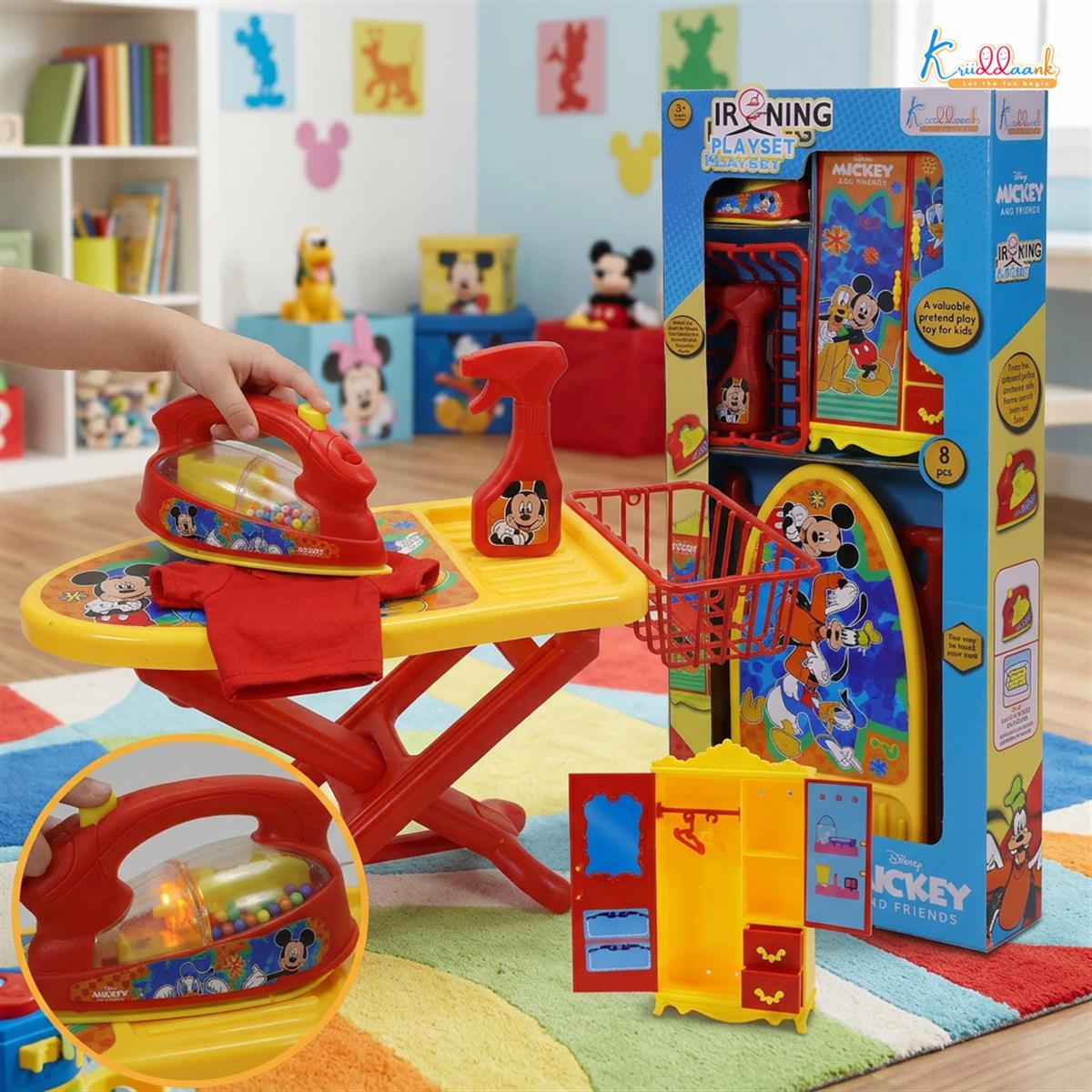 Disney Mickey Mouse Ironing Playset for Kids - 8-Piece Portable Toy Set with Light & Sound Iron, Ironing Stand, Cupboard, Water Spray & Basket - Fun Educational Pretend Play Gift for Ages 3+