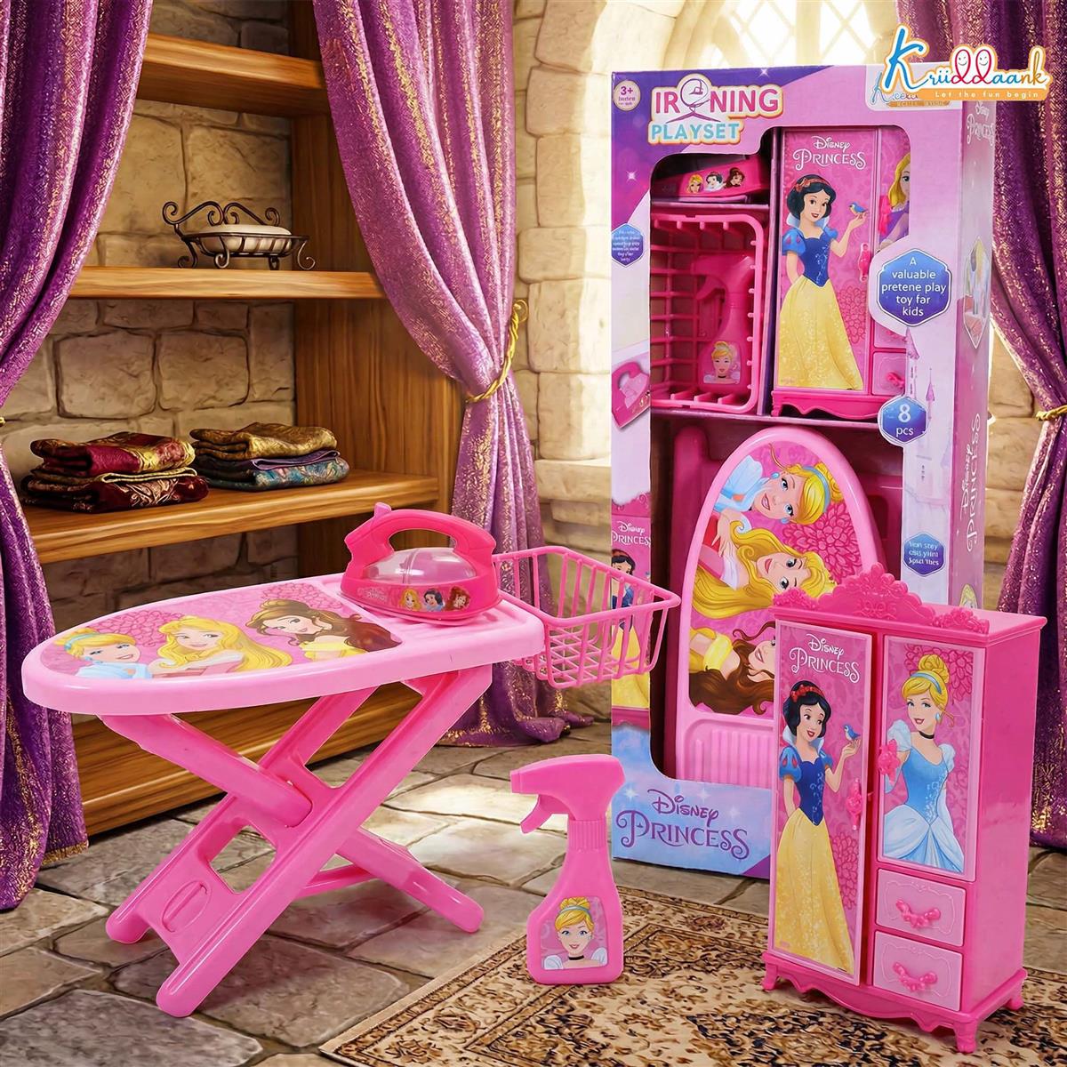Disney Princess Iron Playset for Girls â€“ 8-Piece Pretend Play Laundry & Ironing Set with Realistic Light & Sound â€“ Includes Ironing Board, Basket, & Hangers â€“ Educational Toy for Kids Age 3+