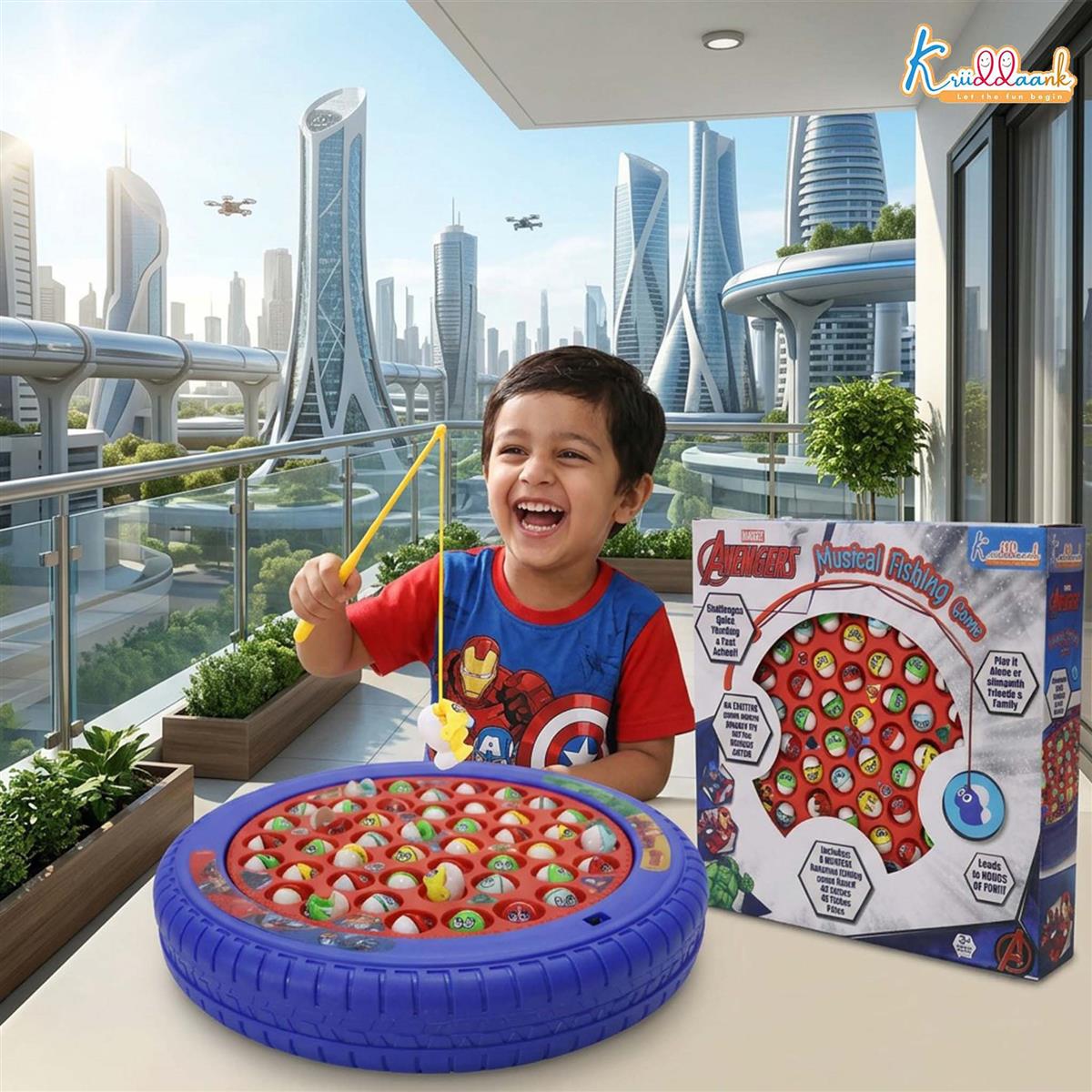 Avengers Musical Fishing Game for Kids - Electronic Rotating Board with 45 Fishes & 4 Poles, Battery Operated Interactive Educational Toy for Boys & Girls Age 3+ Years (Red Ocean Theme)