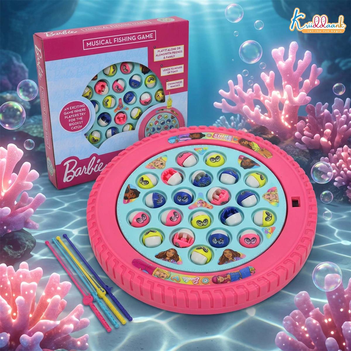 Barbie Musical Fishing Game - Rotating Underwater Adventure Toy for Kids 3+ - Includes 21 Fishes & 4 Fishing Poles - Battery Powered Interactive Pink Game for Girls, Motor Skill Development