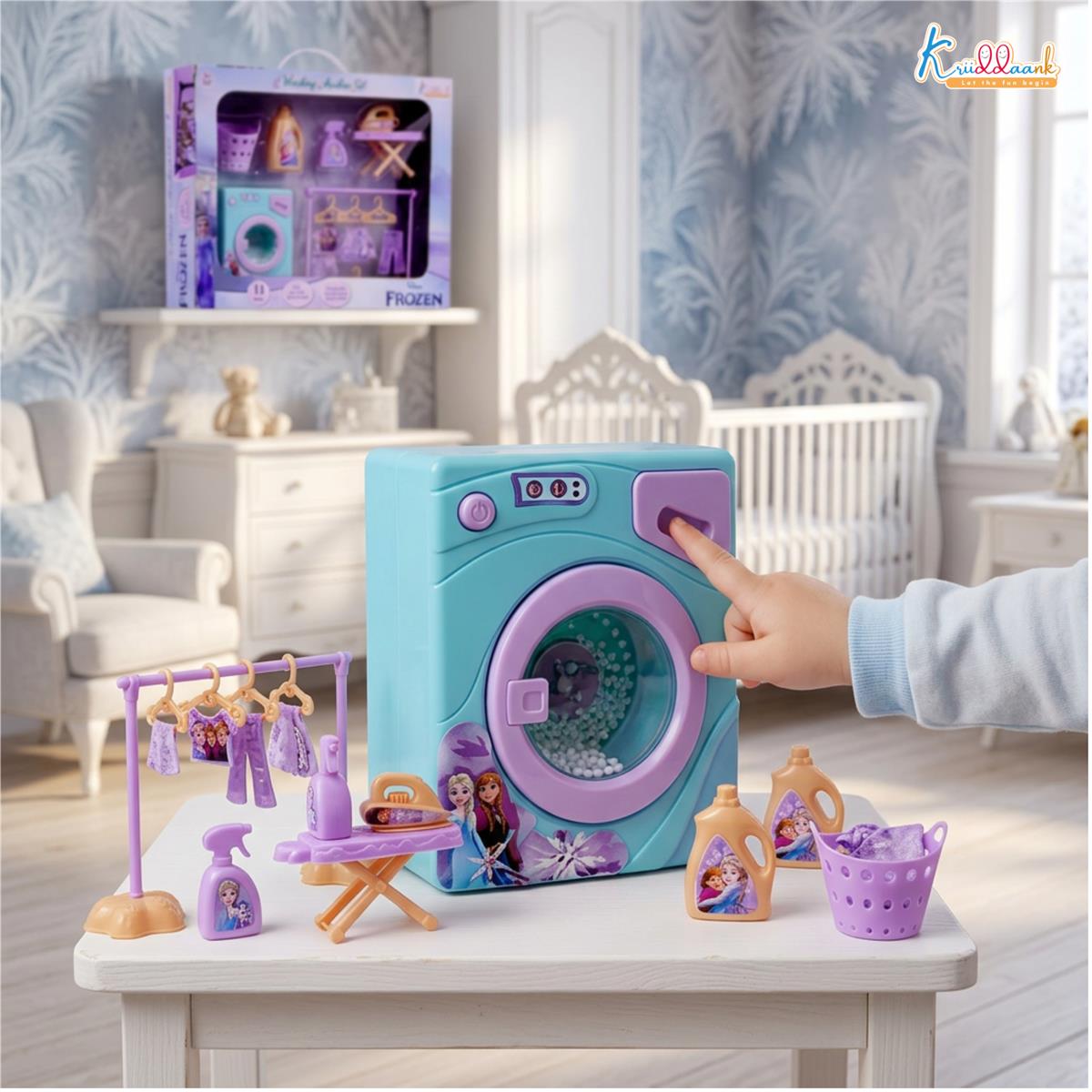 Kriiddaank Frozen Theme Washing Machine Toy Set for Kids - 11-Piece Interactive Disney Magic Home Appliances Pretend Play for Toddlers - Music & Educational Role Play Laundry Set - Ages 3+