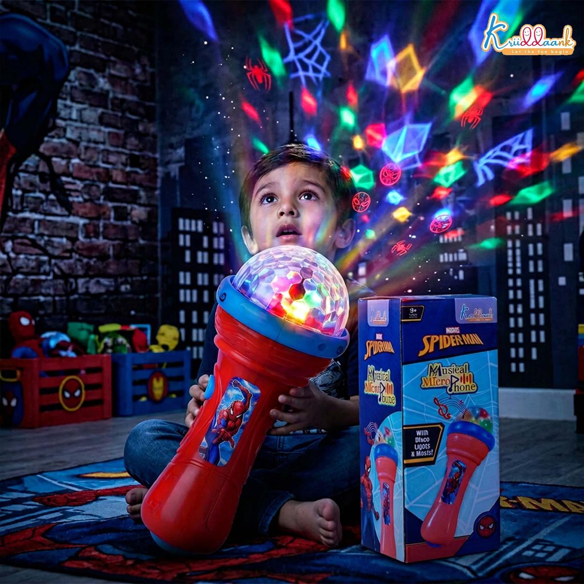 Kriiddaank Spiderman Musical Karaoke Microphone for Kids with Rotating Disco Lights & Projector - Educational Musical Toy for Boys & Girls 3+ Years, Sound Effects, Battery Operated, Blue