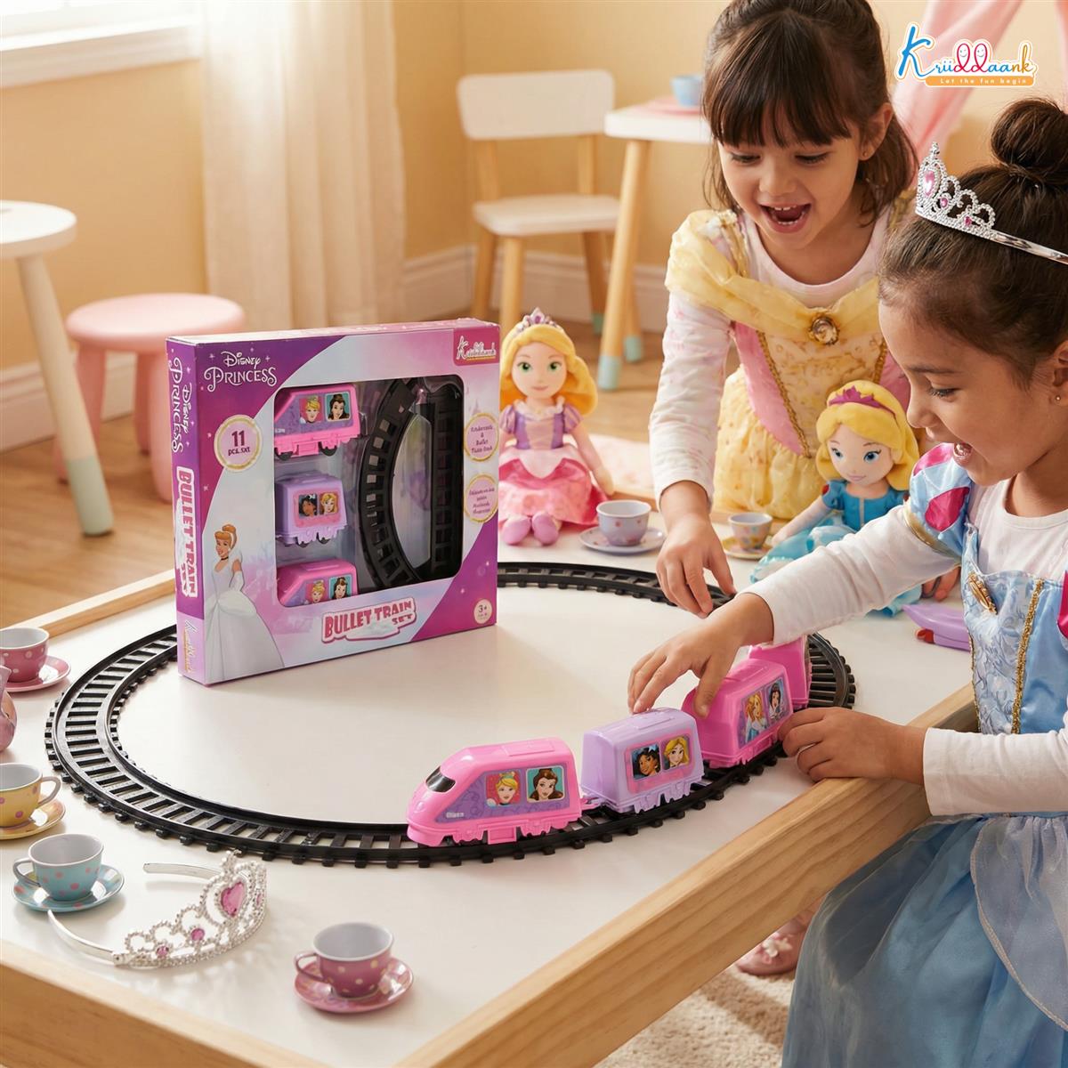 Kriiddaank Disney Princess Train Set for Girls (11-Piece) - Interactive Fairytale Playset with Sound Effects, Battery-Operated Motorized Tracks & 3 Coaches - Educational Gift for Kids Ages 3+