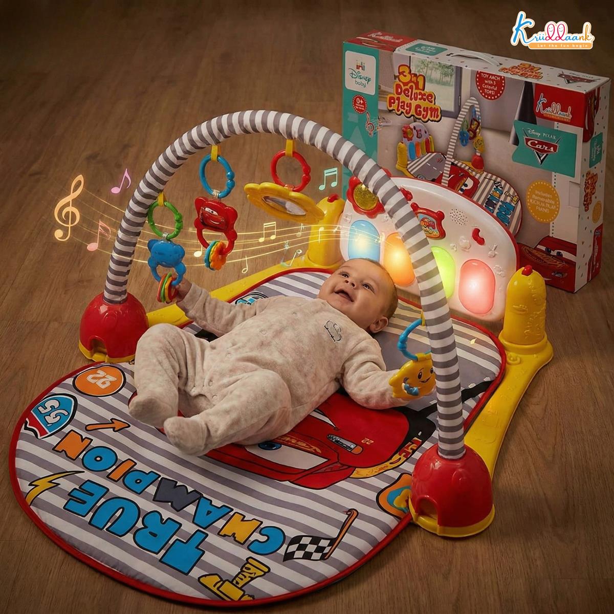 Disney Cars Theme Musical Baby Gym for Infants â€“ Activity Play Mat with Kick & Play Piano Keyboard, Lights, Music & Hanging Rattles, Developmental Sensory Toy for Boys & Girls (0-3 Years)