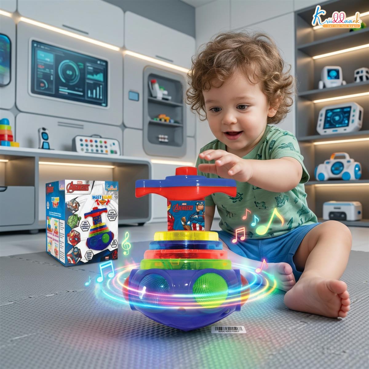 Avengers Dizzy Glow Top - LED Light Up & Musical Spinning Toy for Kids 3+ Years, 360 Degree Rotating Magic Spinner Lattoo with Flashing Lights & Sound, Marvel Avengers Theme, Battery Operated