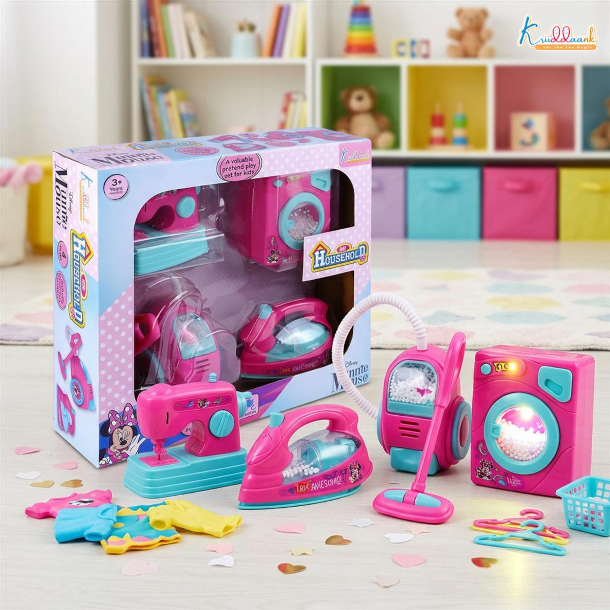 Minnie Mouse Theme Household Role Play Set (4-Piece) - Toy Washing Machine, Vacuum Cleaner, Iron & Hair Dryer with Lights - Educational Pretend Play Gift for Girls 3+ Years Old