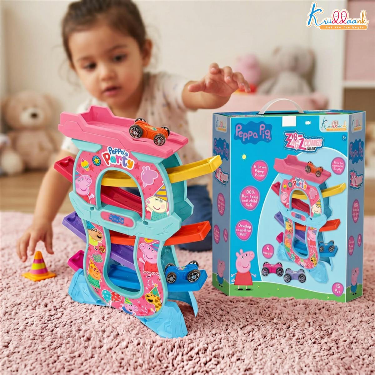 Peppa Zig Zag Zoomer Ramp Racer Car Track for Toddlers | 6-Level Racing Set with 4 Mini Vehicles | 15 Pieces Easy Assembly | Non-Toxic Educational Toy for Kids 3+ Years