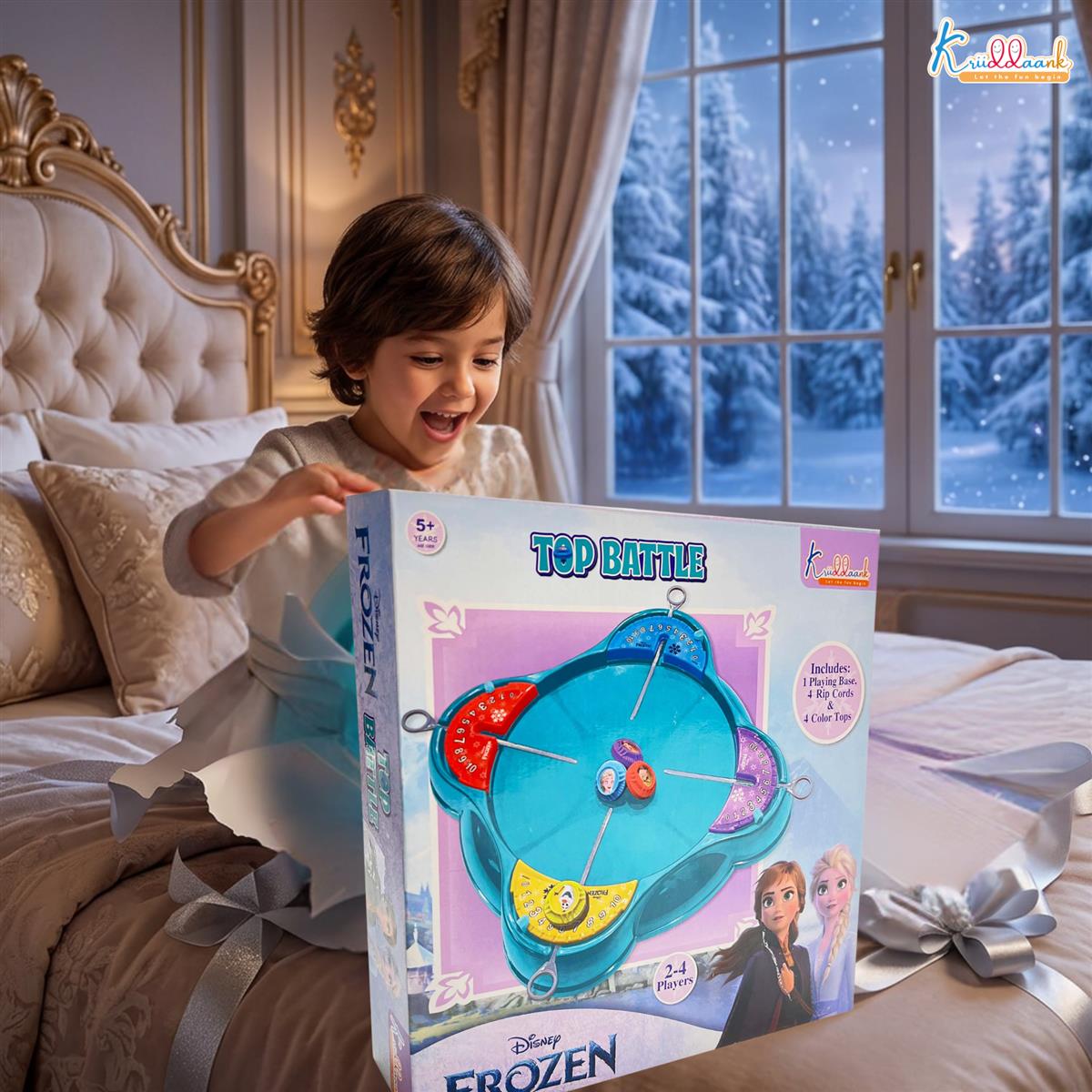Kriiddaank Frozen Top Battle Beyblade Set for Kids - 4 Player Spinning Top Arena with Rip Cords & Color Tops - Safe, Interactive & Educational Indoor Game, Best Gift for Boys & Girls 5+ Years
