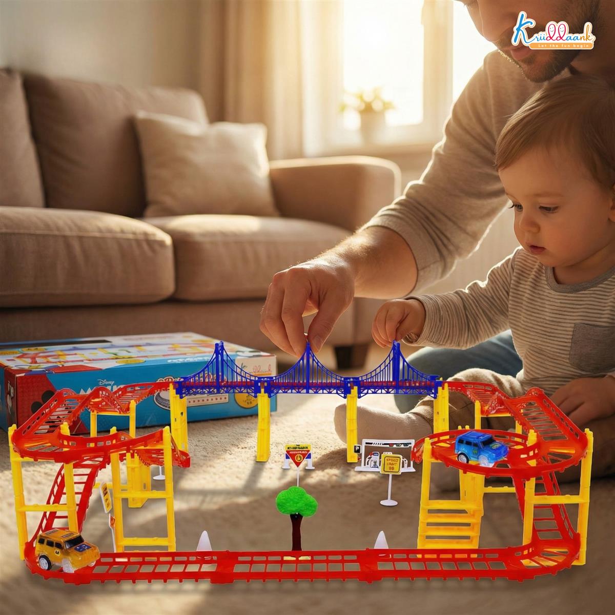 Disney Mickey Track Medium (84 Pcs) â€“ DIY Racing Track Set with 2 Cars, Bridges, Roadway Signs, Traffic Cones & Petrol Pump, Battery Operated Toy for Kids 3+ Years Old