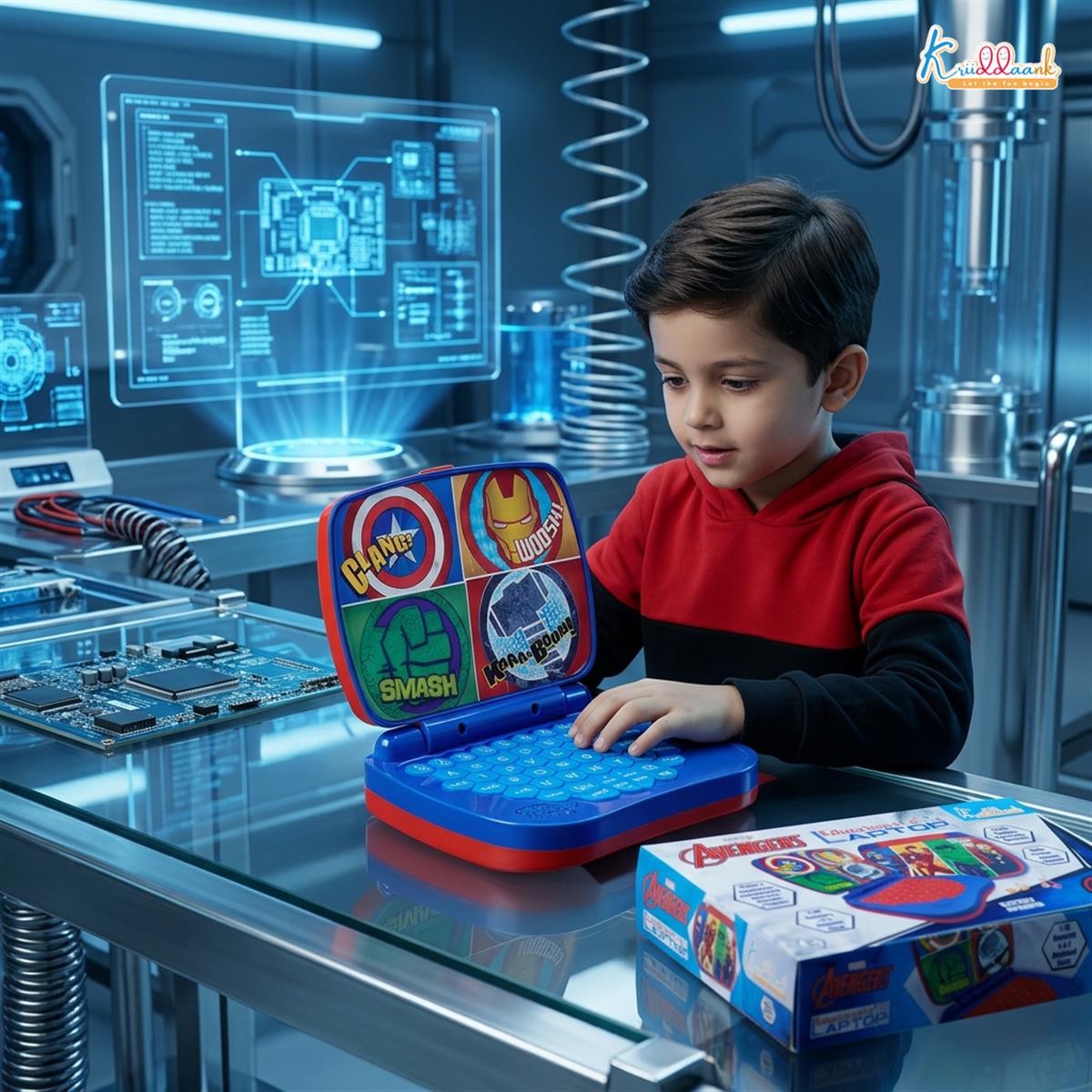 Avengers Theme Educational Laptop Without Screen for Kids | Interactive Music, Alphabet & Number Learning Toy for 3+ Year Olds | Screen-Free, Safe & Durable Early Learning Toy (Red)