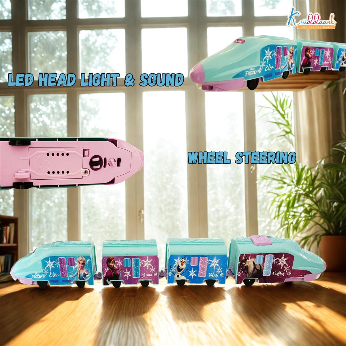 Kriiddaank Frozen Theme Remote Control Train Toy for Kids, Rechargeable EMU Express Train with LED Lights and Realistic Sounds, Turquoise Railway Toy for Boys and Girls Ages 3+