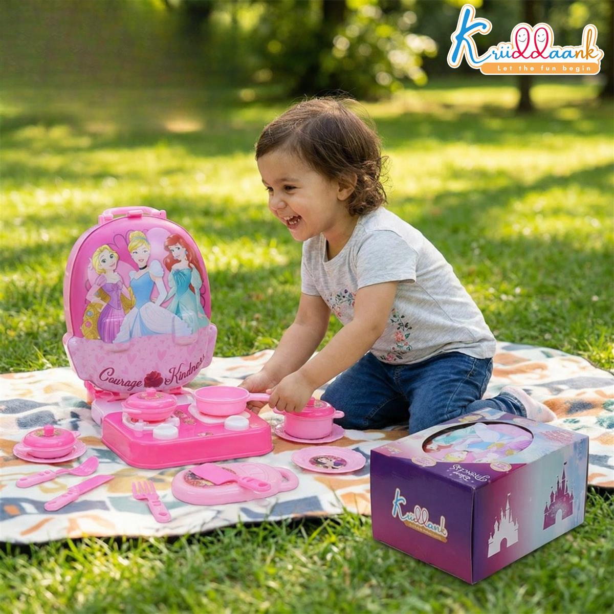 Kriiddaank Princess Backpack Kitchen Set for Kids - 21 Pcs Pretend Play Cooking Toy with Music, Portable Travel Carry Case Playset for Girls 3+ Years Old (Pink, Non-Electric)