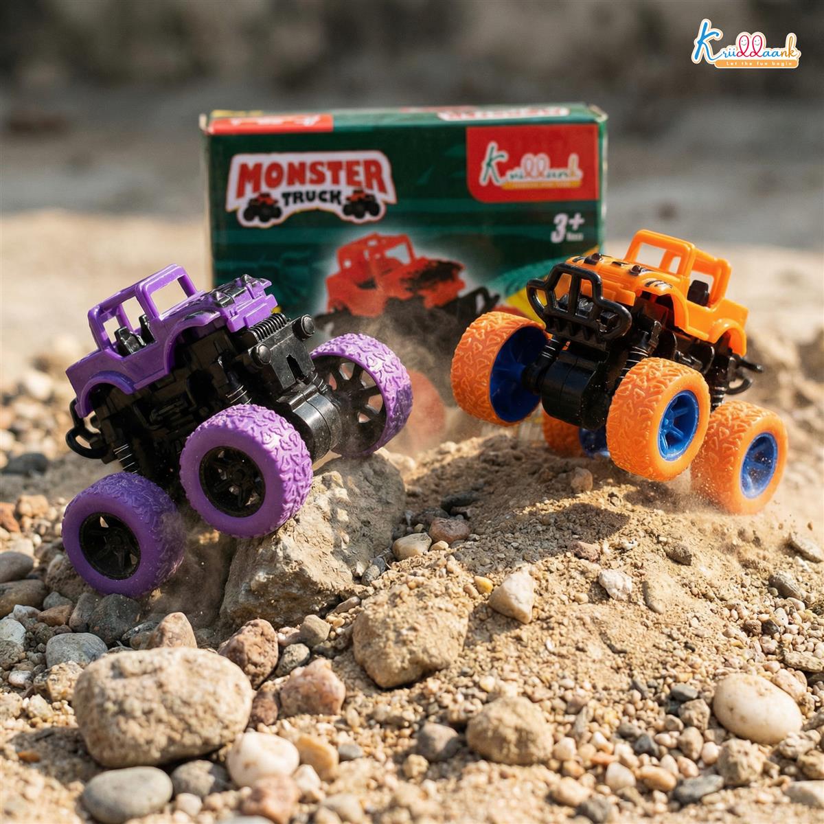 Kriddaank Pack of 2 4x4 Monster Truck for Kids - Friction Powered Stunt Cars with 360Â° Spin Action - 4WD Push and Go Toy Vehicles for Toddlers, Boys & Girls Aged 3-7 Years (Multicolor)