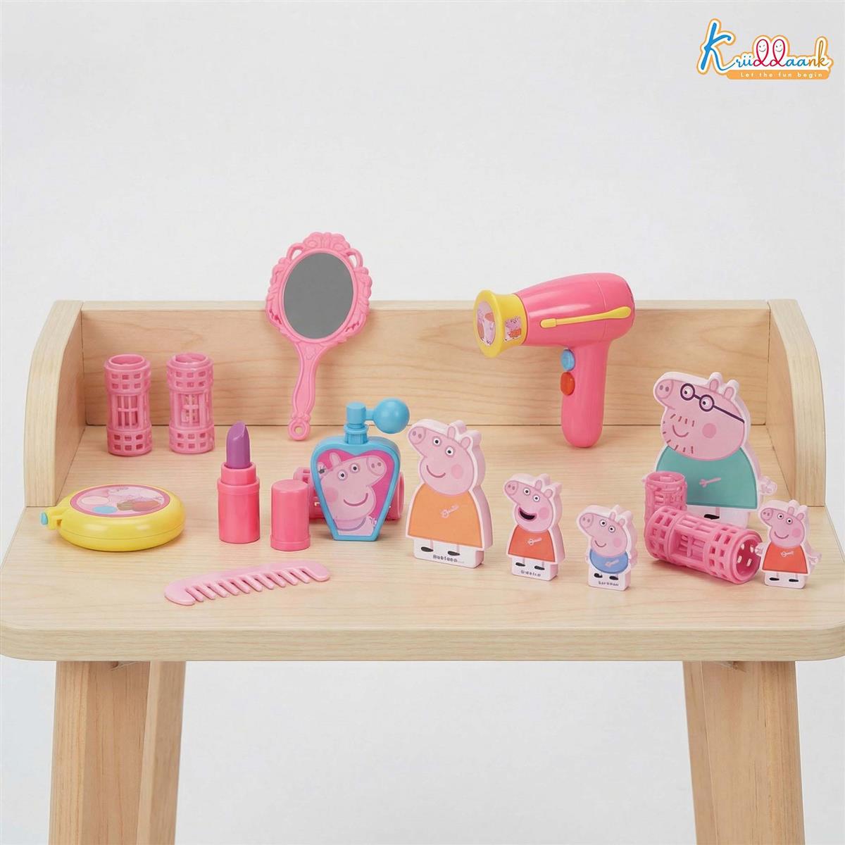 Kriiddaank Peppa Pig Dressing Table Set - 17 Pcs Beauty & Makeup Playset with 2D Family Figures (Peppa, George, Mummy & Daddy Pig) - Preschool Toy for Kids Ages 3+ - Multicolor