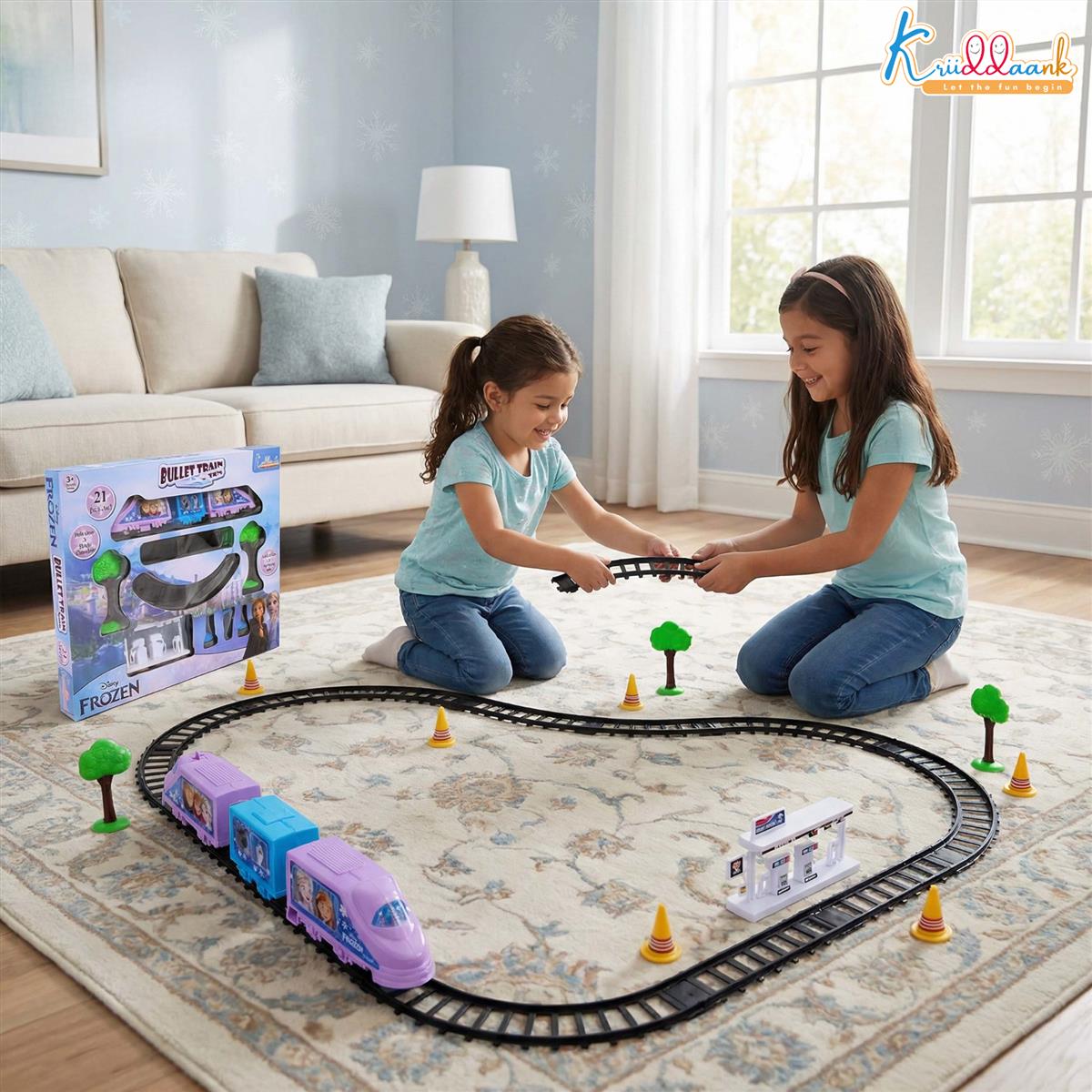 Kriiddaank Frozen Theme Train Set - Anna, Elsa & Olaf Miniature 11-Piece Interactive Playset with Sound Effects, Easy-to-Assemble Tracks & Battery Operated Engine for Kids Ages 3+