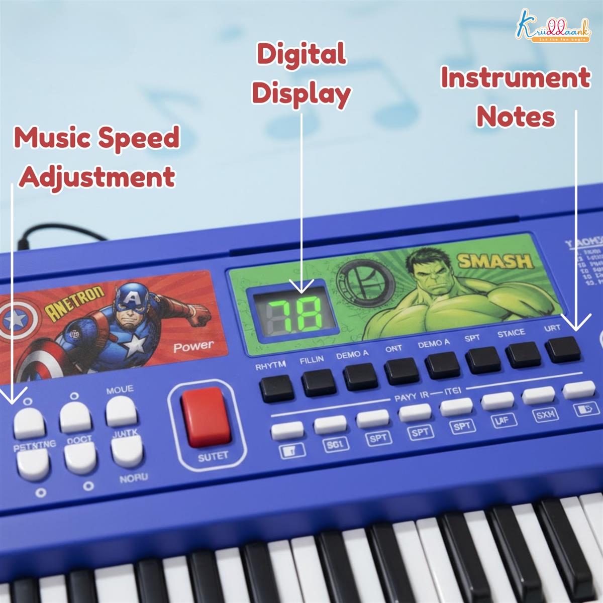 Avengers Keyboard Piano for Kids - 61 Scale Organ Keys with Digital Screen & Microphone - 16 Instrument Sounds, 10 Rhythms, Record & Playback - Educational Musical Toy for Boys & Girls 3+ (USB/Battery
