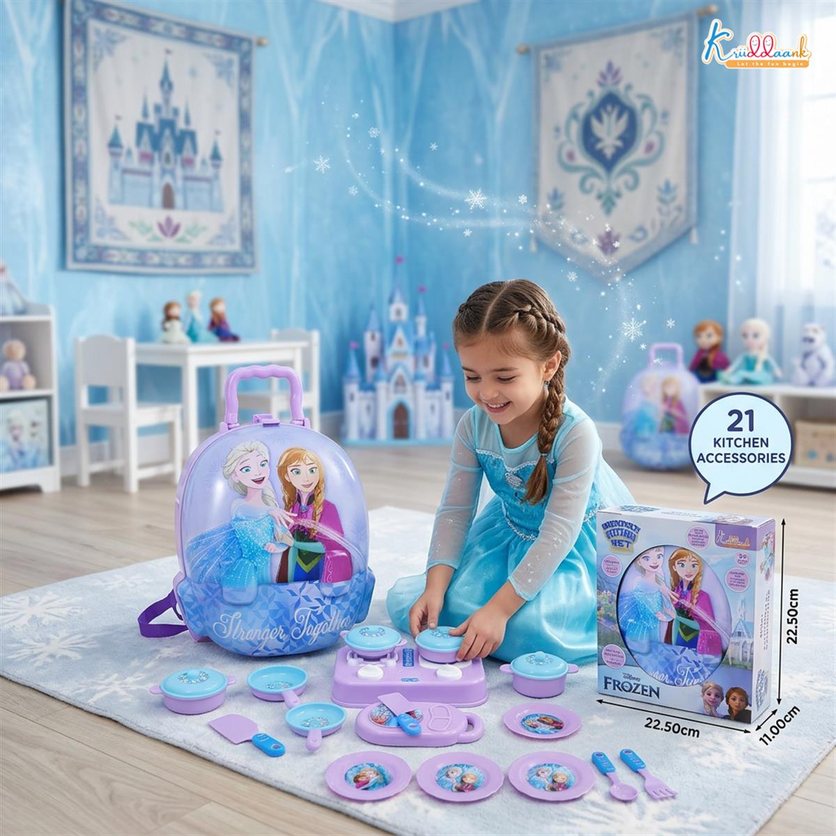 Disney Frozen Backpack Kitchen Gift Set for Kids - 21 Pcs Pretend Play Cooking Set with Music & Accessories - Portable Kitchen Toy for Girls 3+ Years - Turkish Blue