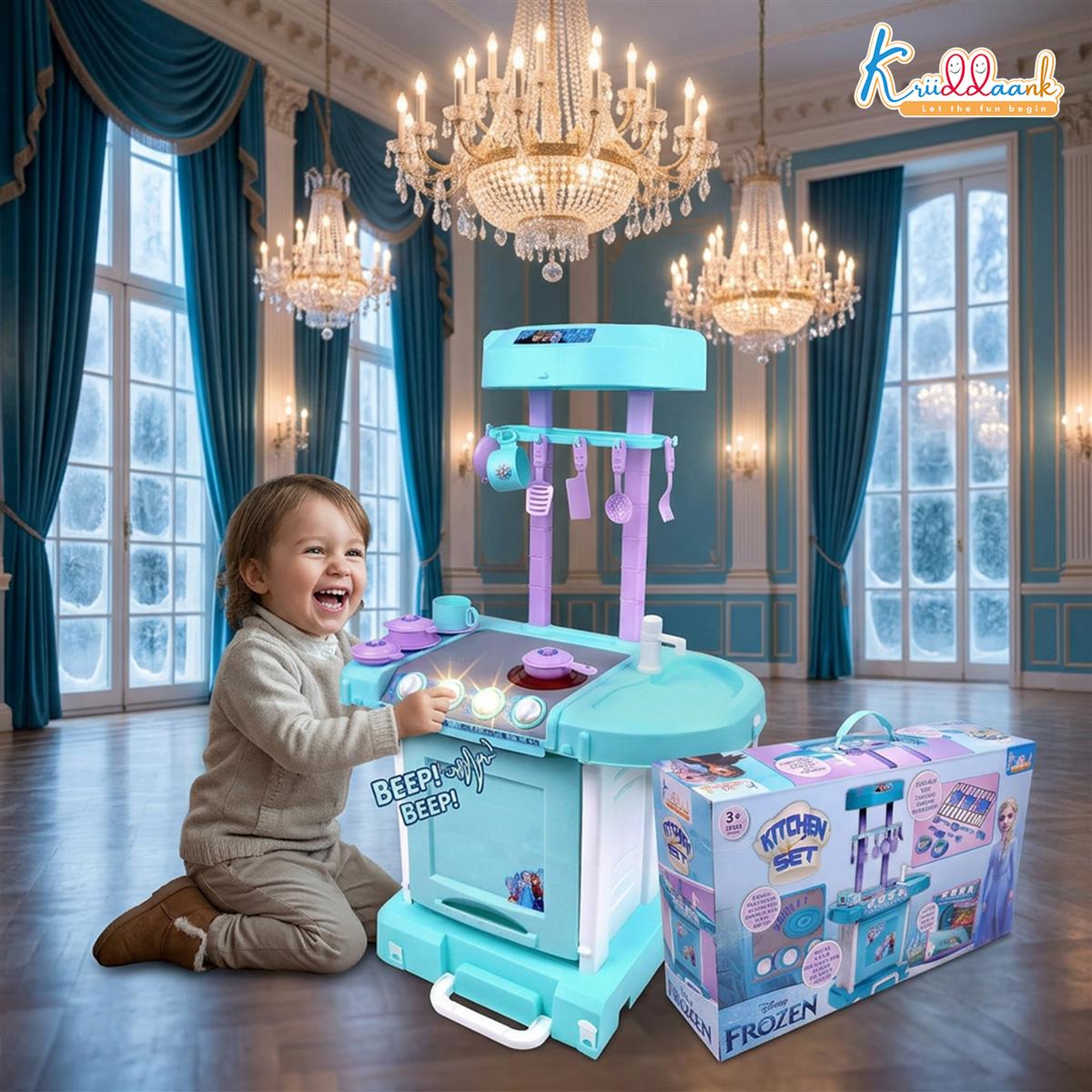 Kriiddaank Frozen Theme Kitchen Set for Kids - Interactive Cooking Playset with Oven, Sink, Lights & Sound - 18 Pcs Chef Accessories, Turkish Blue, Pretend Play Toy for Boys & Girls 3+ Years