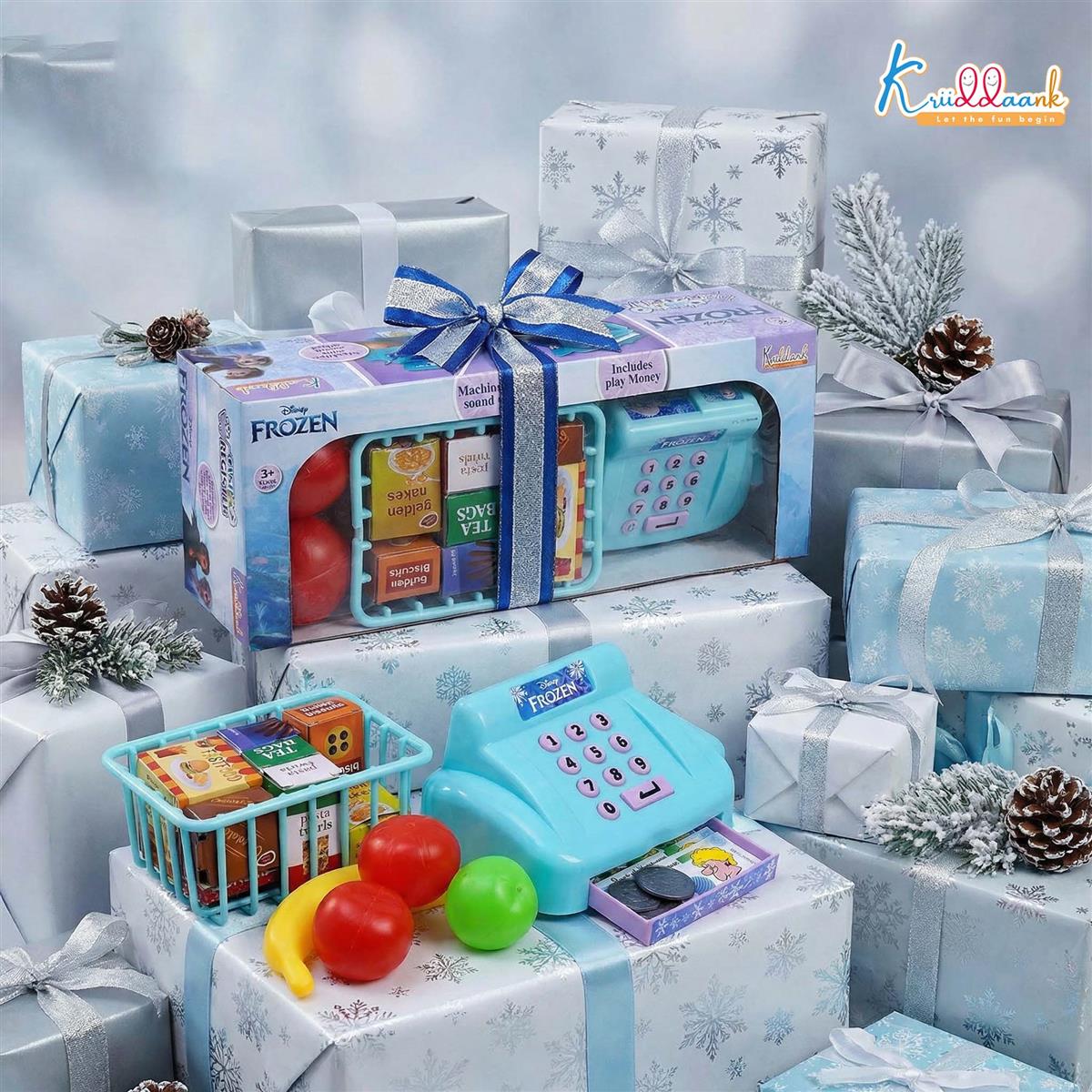 Disney Frozen Cash Register for Kids - 29 Pcs Pretend Play Set with Credit Card Scanner, Music & Sound Effects - Educational Math & Money Learning Toy for Girls & Boys 3+ Years - Turkish Blue
