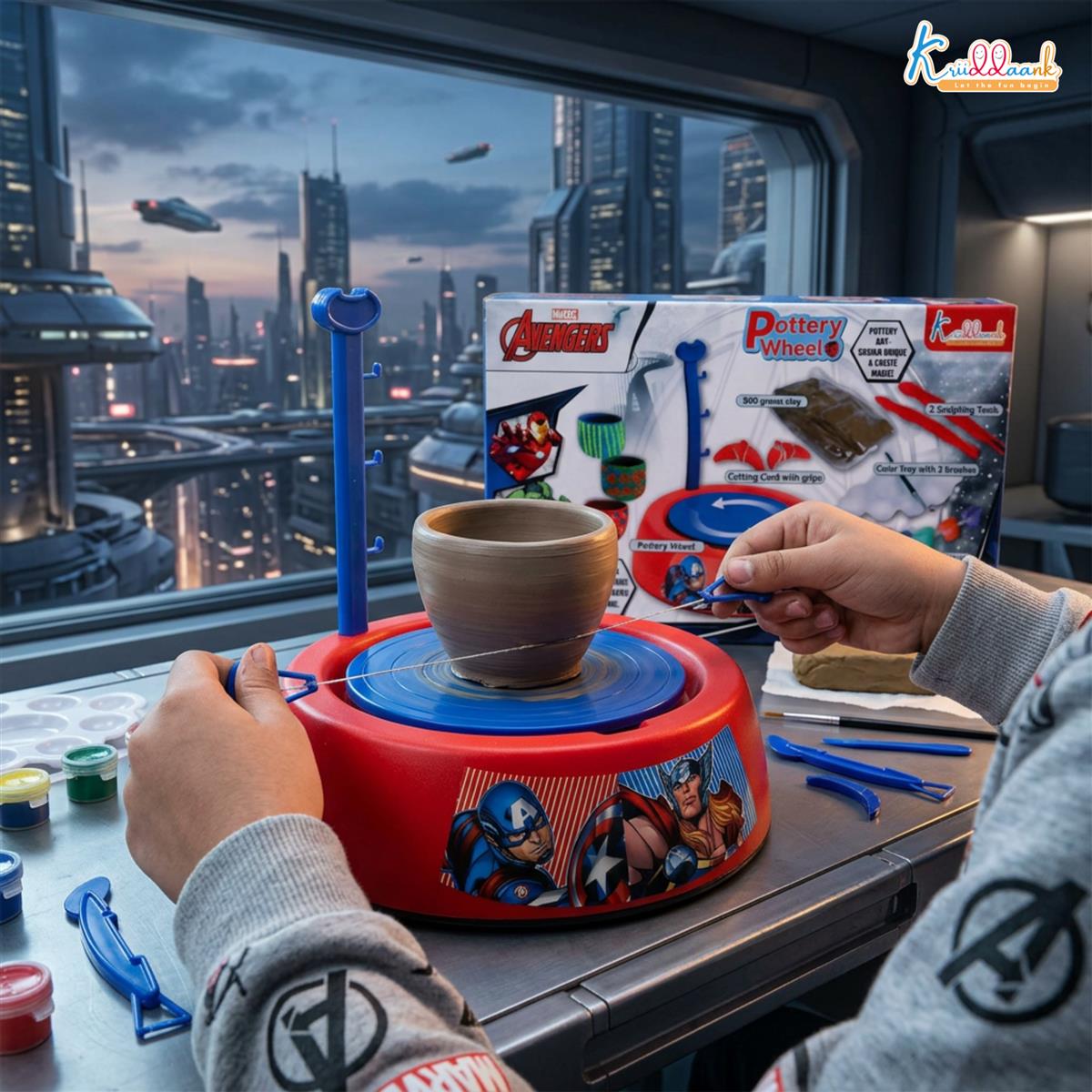 Marvel Avengers Theme Pottery Wheel - Superhero Clay Art & Craft Kit for Kids 8+ | DIY Pottery Studio with 800g Clay, Paints & Tools | Educational & Creative Birthday Gift | Non-Toxic & Safe