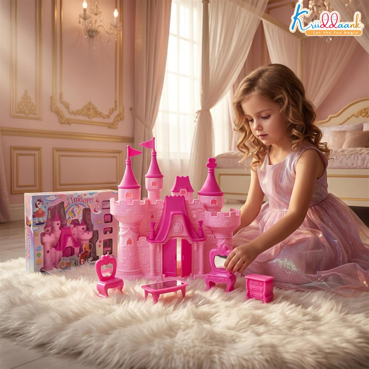 Portable Royal Castle Playset Unicorn Theme for Girls with Dollhouse Furniture, Mini Princess House Toy with Accessories, Educational Gift for Kids 3+ Years Old, Travel-Friendly & Safe