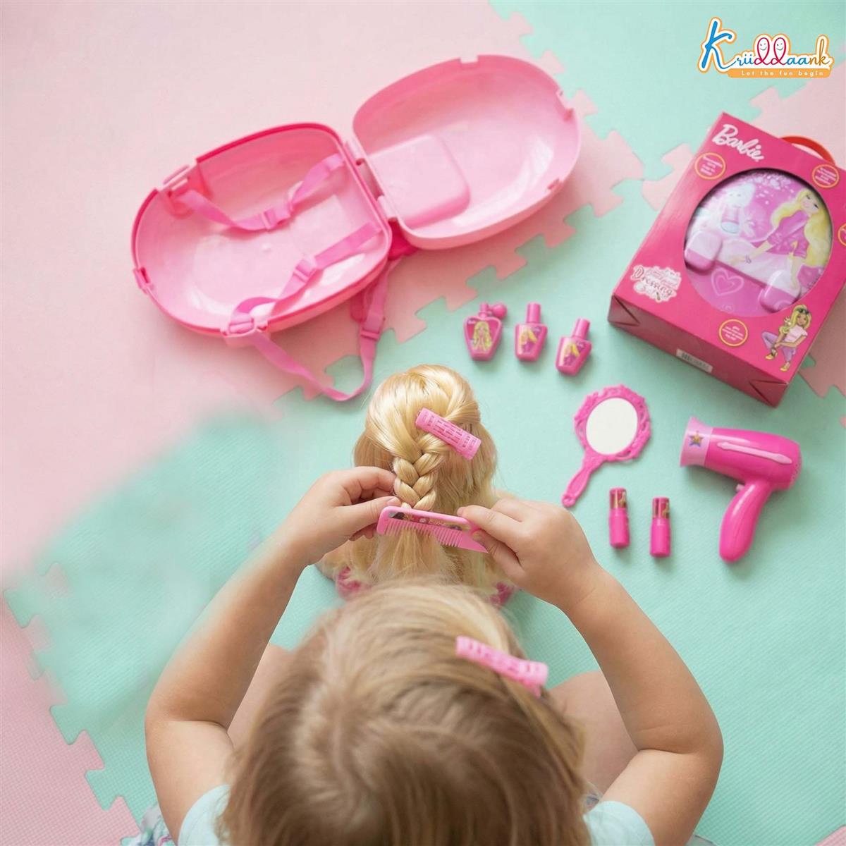 Barbie Backpack Dressing Gift Set for Kids - 2-in-1 Portable Pretend Play Makeup & Vanity Set with Electronic Dryer, 13+ Accessories, Safe & Durable Educational Toy for Girls Ages 3+