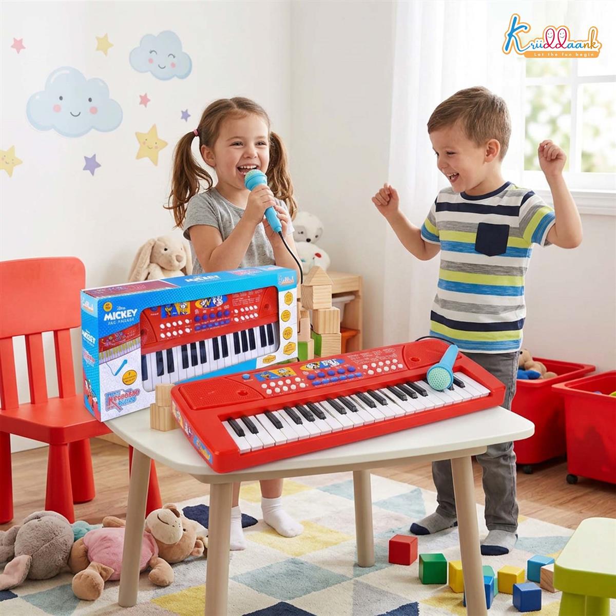 Mickey 37-Key Keyboard Piano for Kids with Microphone | 8 Rhythms & 8 Instrument Sounds, USB & Battery Powered | Musical Educational Toy for Boys & Girls Age 3+ - Red