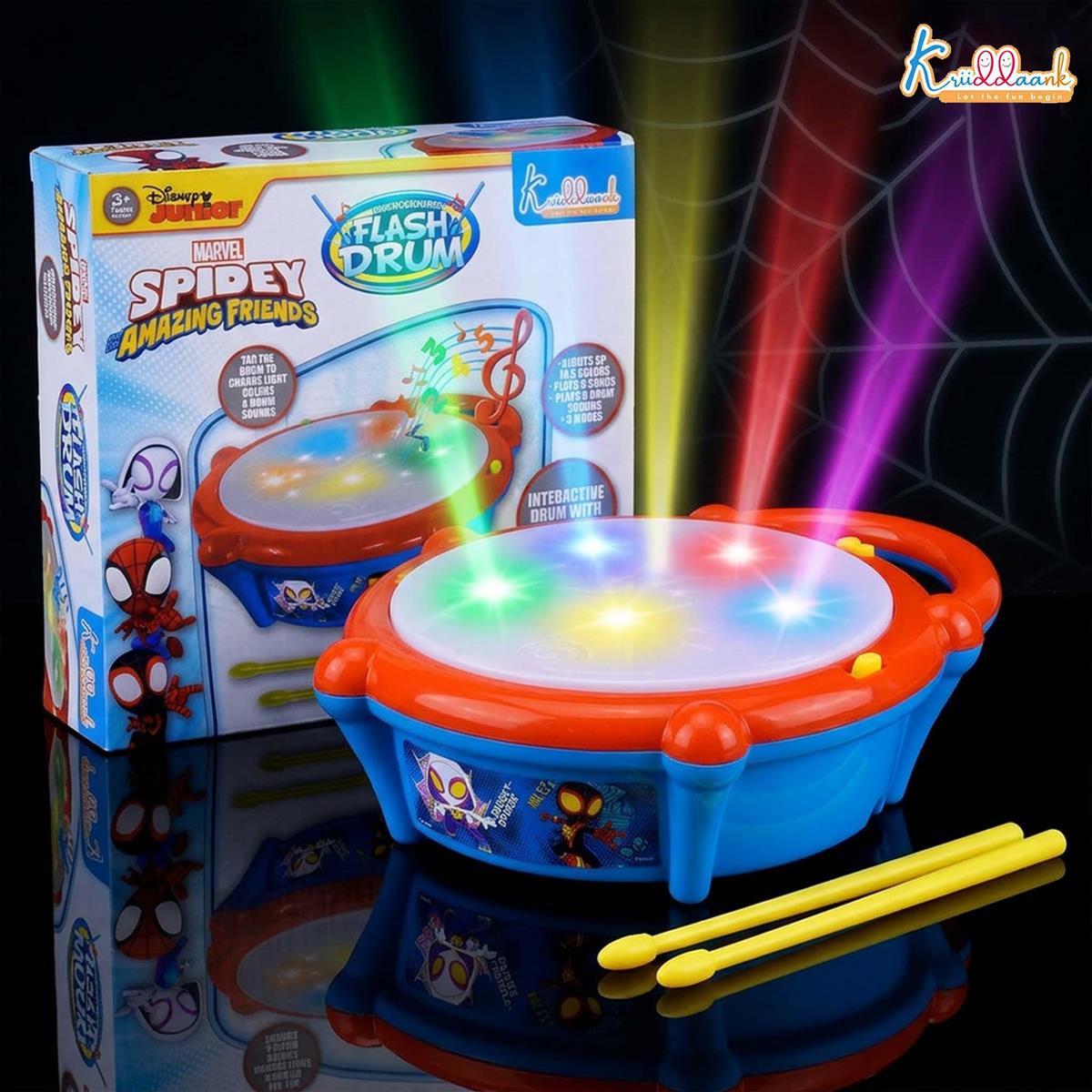Marvel Spiderman Theme Flash Drum for Kids - Interactive Musical Toy with 5-Color 3D Lights & 9 Songs - Superhero Gift for Boys & Girls 3+ Years - Safe, Educational & Engaging Play