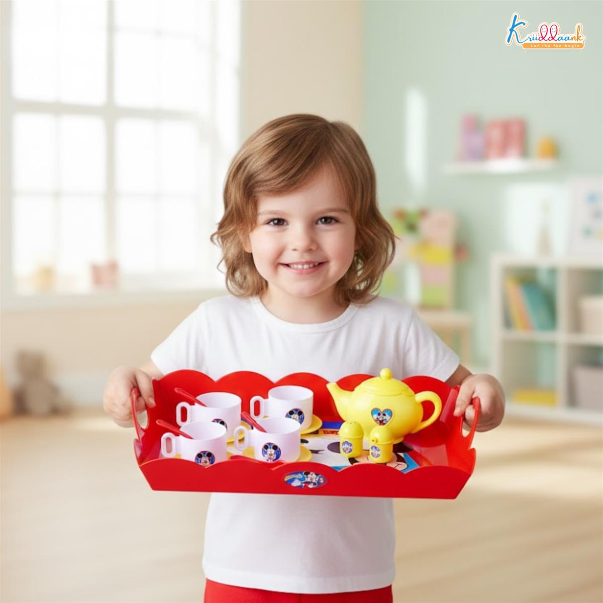 Mickey Tea Trolley - 32 Pcs Disney Character Pretend Play Tea Set for Kids with Lights, Sounds, Electronic Kettle & Saucers, Fun Educational Kitchen Toy for Boys & Girls Age 3+, Red