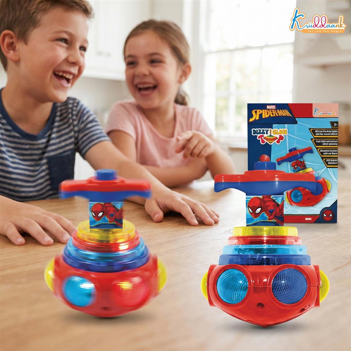 Dizzy Glow Top - Spiderman Musical Spinning Toy with Vibrant Flashing Lights & 360 Degree Rotation, Safe Rounded Edges, Battery Operated Fun for Kids Aged 3+ Years - Blue