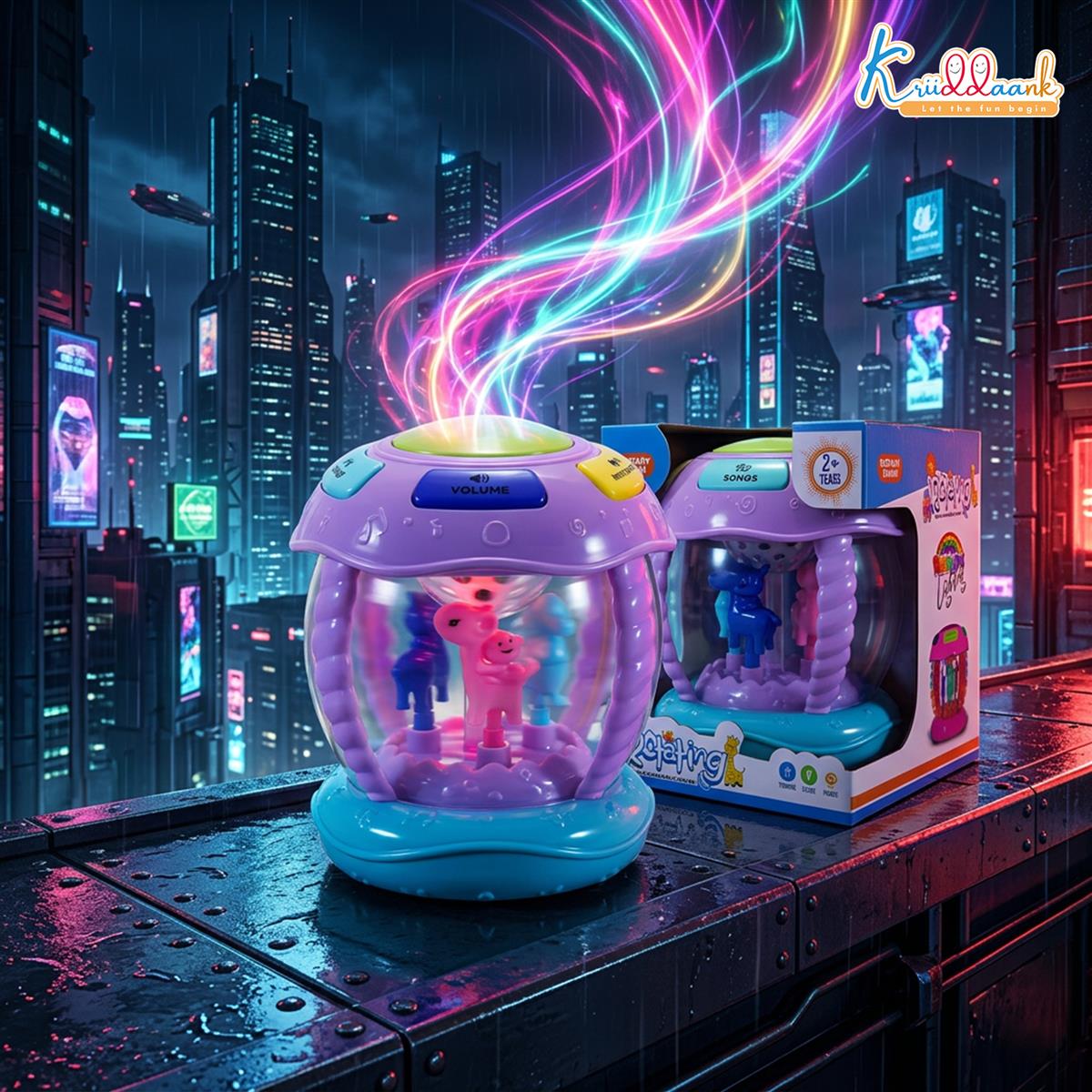 Kriiddaank Rotating Drum Musical Toy for Kids 3+ Years - Interactive Musical Instrument with Nursery Rhymes, Projection Lights, USB Charging, & Motor Skill Development - Multicolor