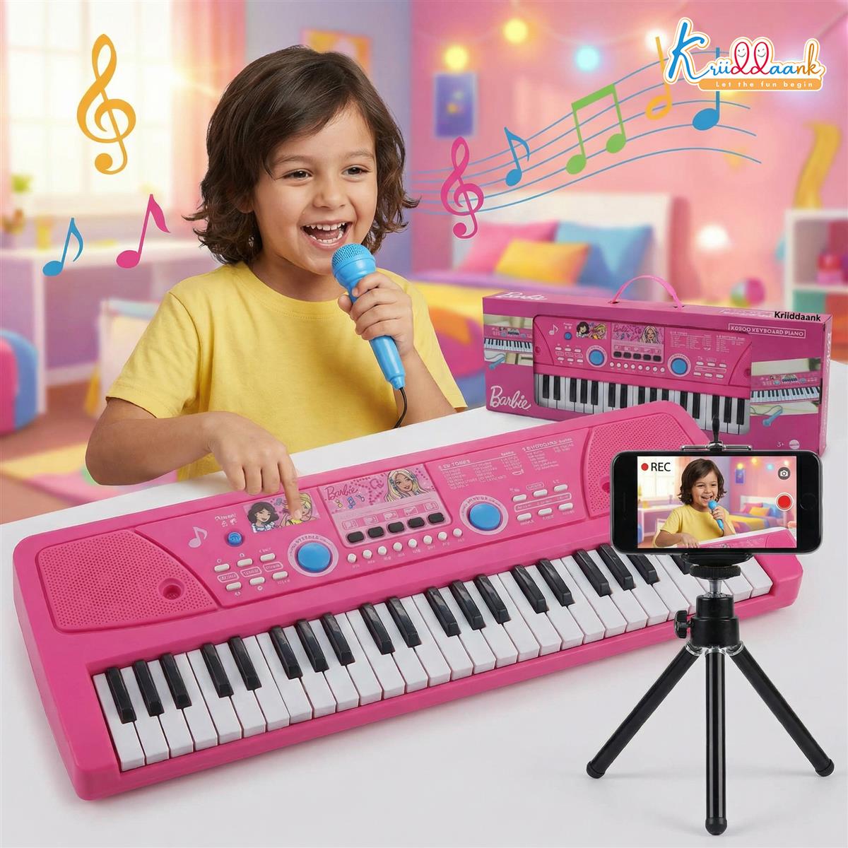 Barbie 50 Keys Musical Keyboard Piano for Kids with Microphone, 16 Rhythms, 8 Instrument Sounds, 16 Tones, Dual Power (USB/Battery), Learning & Educational Toy for Girls Age 3+, Pink
