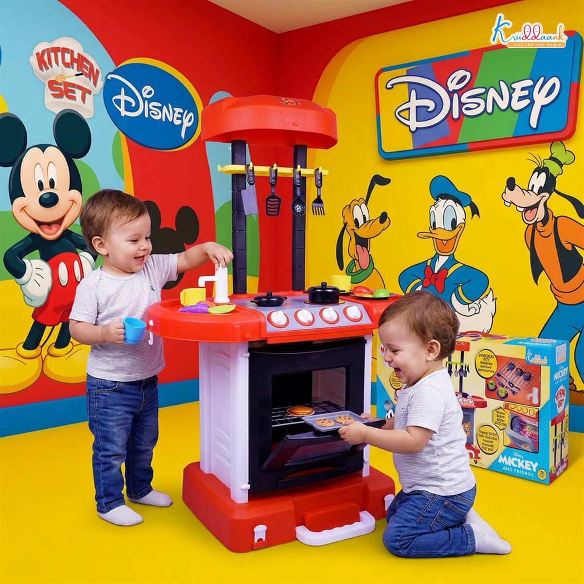 Kriiddaank Mickey Mouse Themed Kitchen Set for Kids - Portable Disney Pretend Play Cooking Toy with Oven, Gas Stove, Sink, Lights & Sound - Includes 18 Accessories - Ideal Gift for Ages 3+