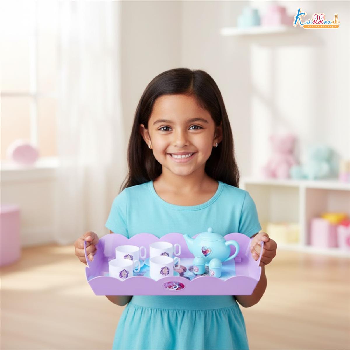 Frozen Tea Trolley Set - 32 Pcs Elsa & Anna Musical Tea Party Playset with Electronic Kettle, Lights & Sound - Pretend Play Kitchen Accessories, Birthday Gift for Kids 3+ Years (Turkish Blue)
